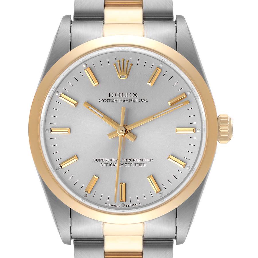 Rolex Oyster Perpetual Steel Yellow Gold Silver Dial Mens Watch 14203 SwissWatchExpo