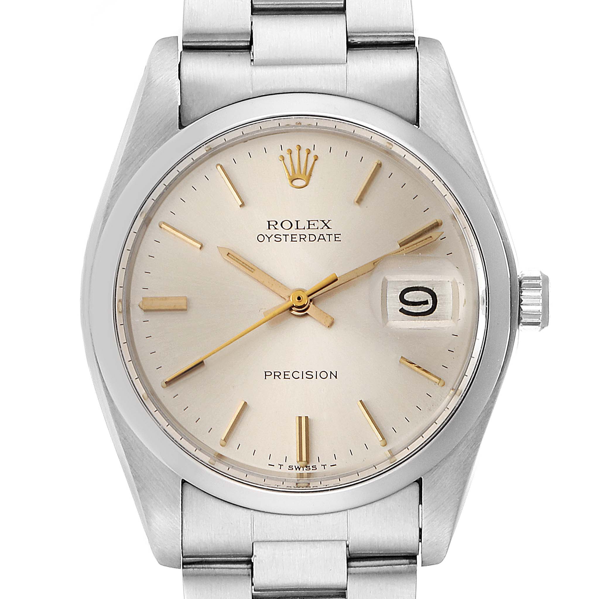 This is a front view of the Rolex Vintage Collection 6694 Men
s Stainless Steel Silver Dial 6694 Men
s Stainless Steel Silver Dial model, displaying the dial, bezel, crown, and part of the bracelet.