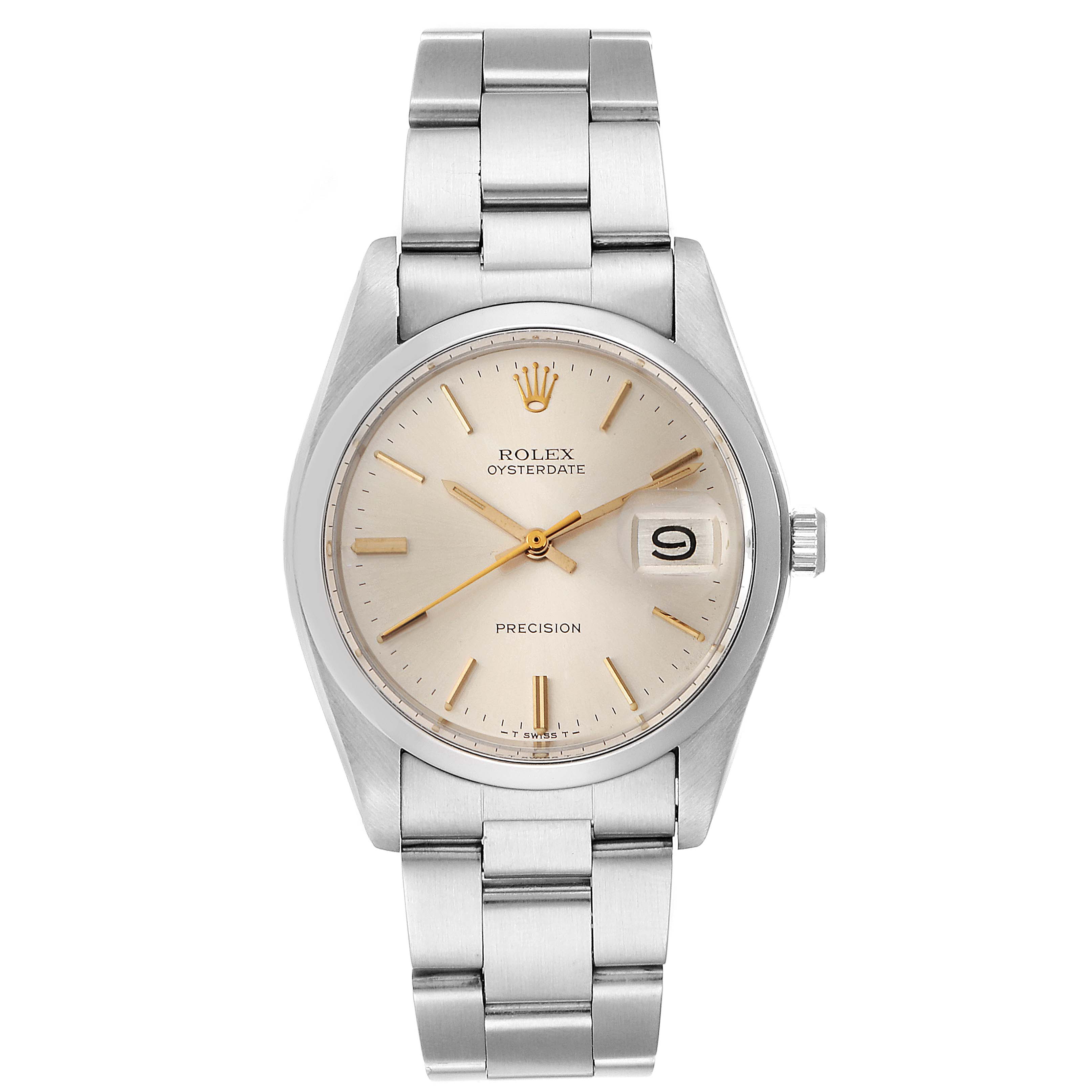 The image shows a front view of the Rolex Vintage Collection 6694 Men
s Stainless Steel Silver Dial 6694 Men
s Stainless Steel Silver Dial Oysterdate watch, displaying its dial, bracelet, and case.