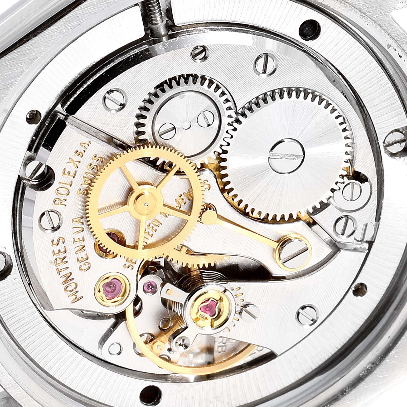 This image shows a close-up view of the intricate movement mechanism inside the Vintage Collection model by Rolex.