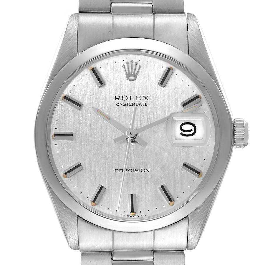 The Rolex Vintage Collection watch is shown from a front view, highlighting the dial, hands, crown, and part of the bracelet.