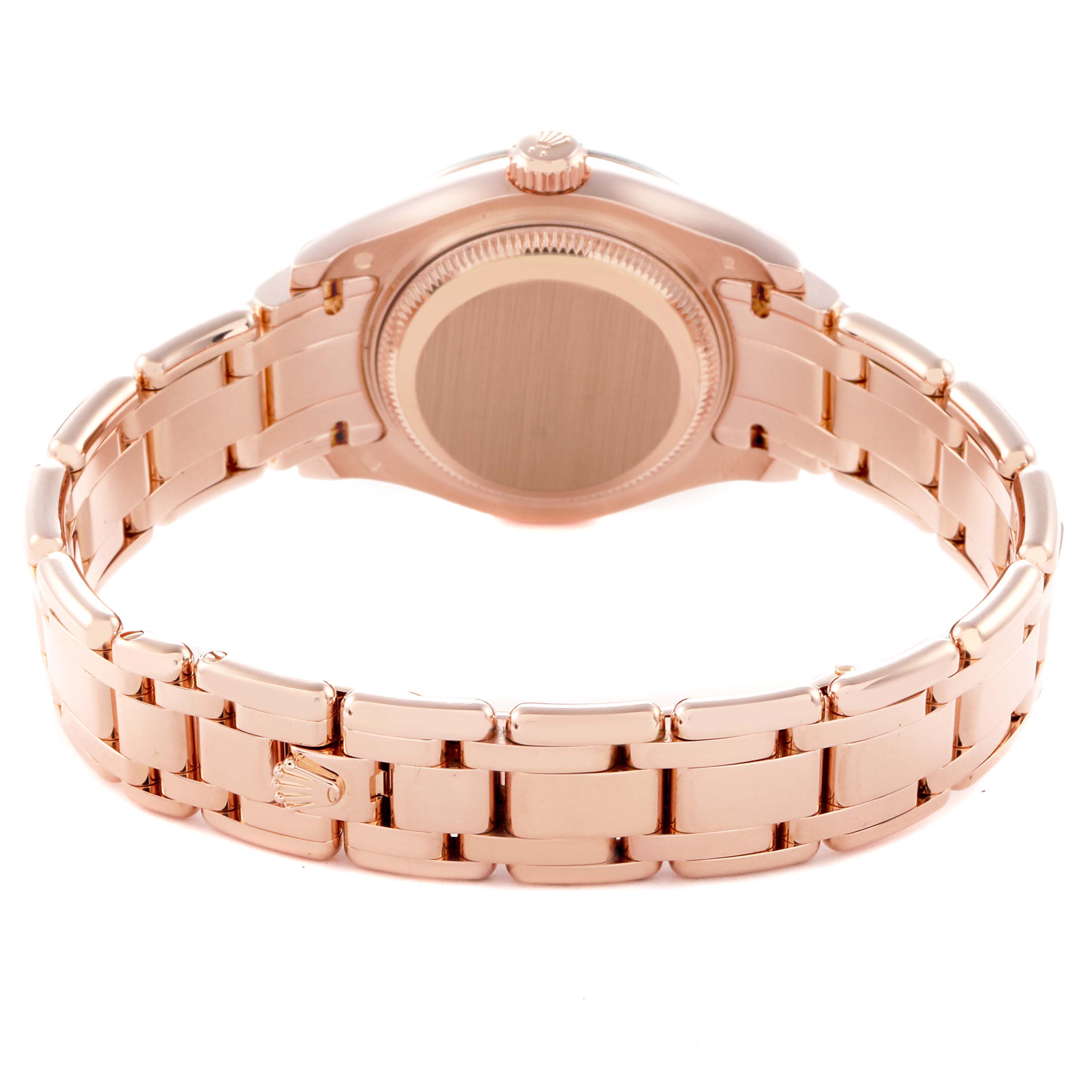 The image shows the case back and bracelet of the Rolex Pearlmaster 80285 Women
s Rose Gold Pink Dial 80285 Women
s Rose Gold Pink Dial watch from a rear angle.