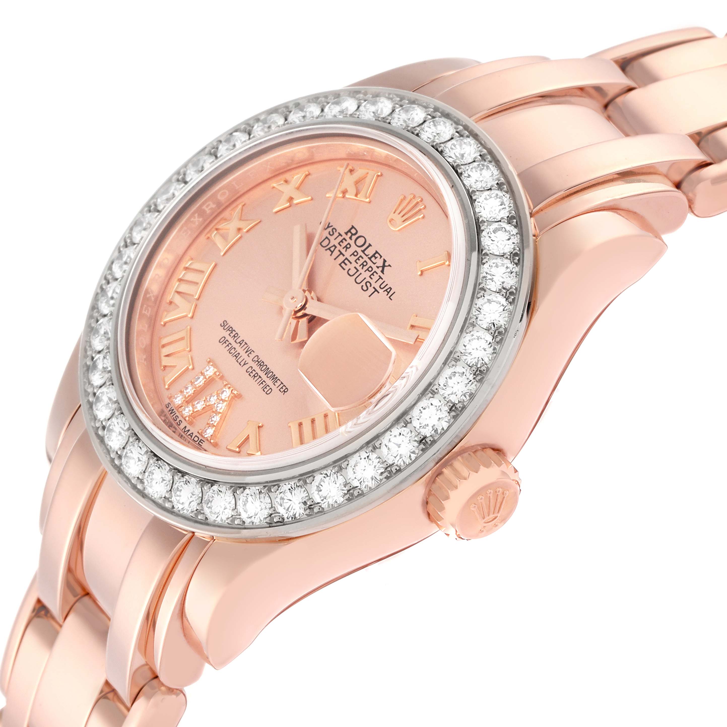 The Rolex Pearlmaster 80285 Women
s Rose Gold Pink Dial 80285 Women
s Rose Gold Pink Dial watch is shown at a close angle, highlighting the diamond bezel, rose gold case, and bracelet.