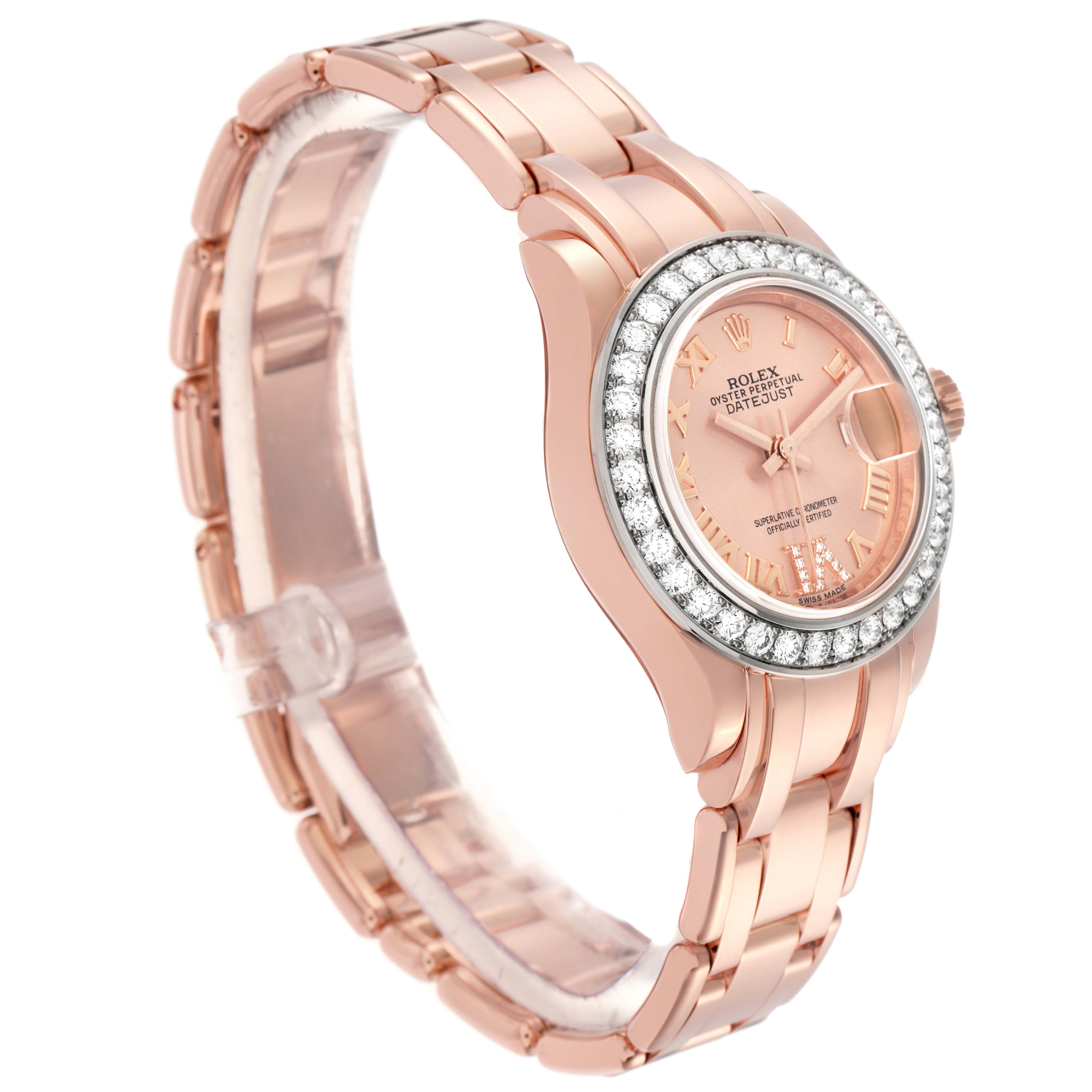 The image shows a Rolex Pearlmaster 80285 Women
s Rose Gold Pink Dial 80285 Women
s Rose Gold Pink Dial watch at a three-quarter angle, highlighting the diamond bezel, pink dial, and bracelet.
