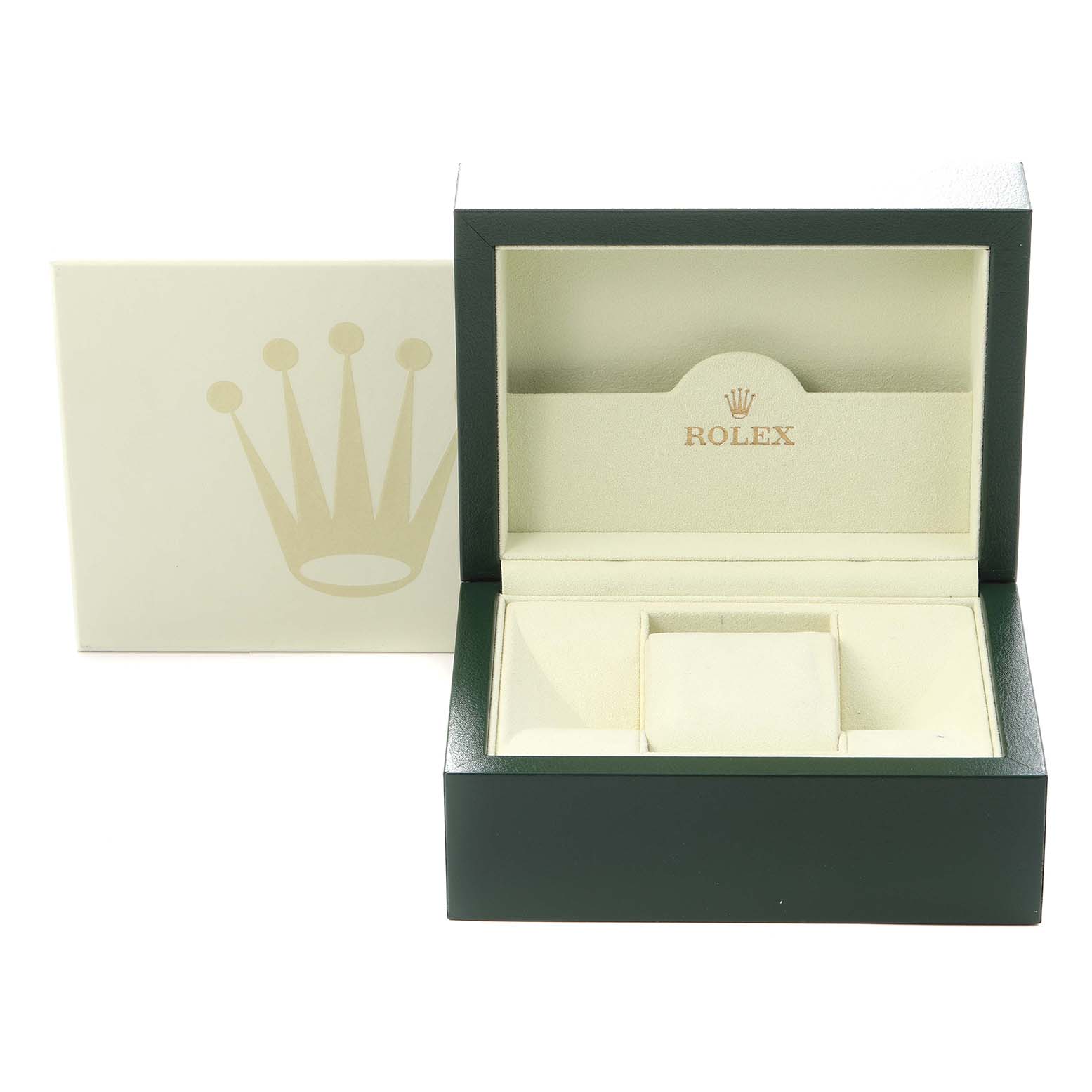 The image shows an open Rolex watch box for the Pearlmaster model, featuring branding on the inside lid.