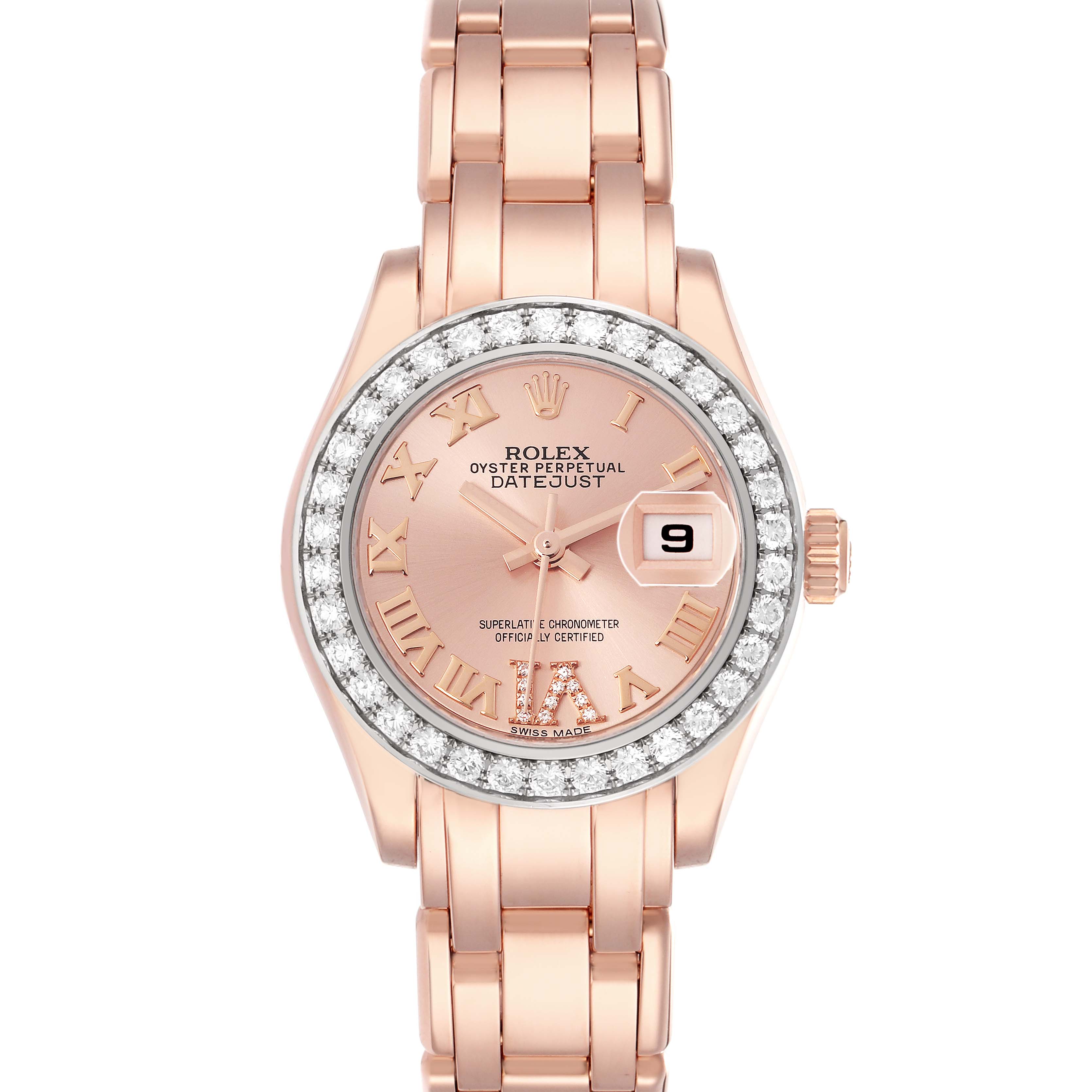 The Rolex Pearlmaster 80285 Women
s Rose Gold Pink Dial 80285 Women
s Rose Gold Pink Dial watch is shown from a top-down angle, displaying the face, bezel, band, and crown.