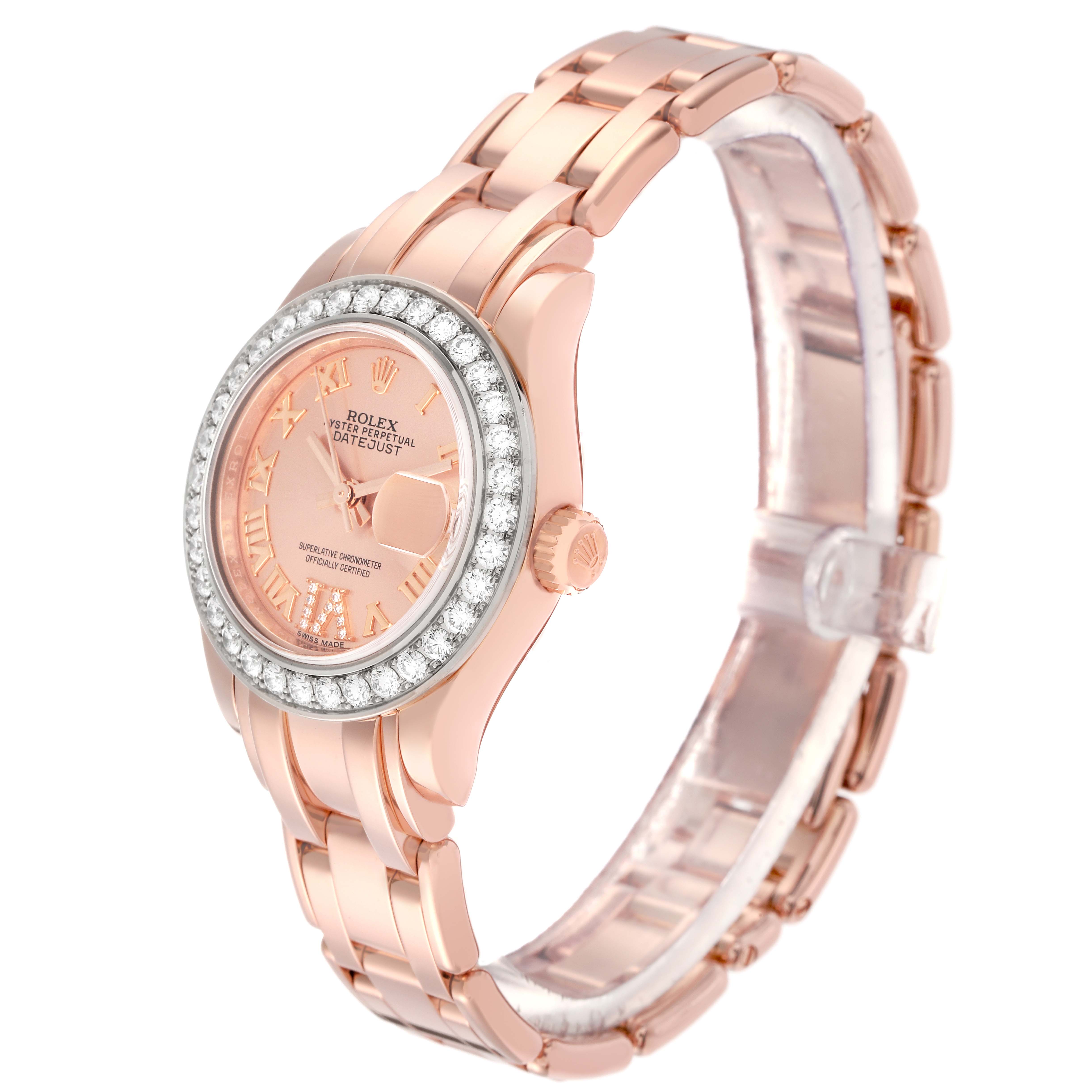 The Rolex Pearlmaster 80285 Women
s Rose Gold Pink Dial 80285 Women
s Rose Gold Pink Dial watch is shown at a slight angle, featuring the bezel, dial, crown, and part of the bracelet.