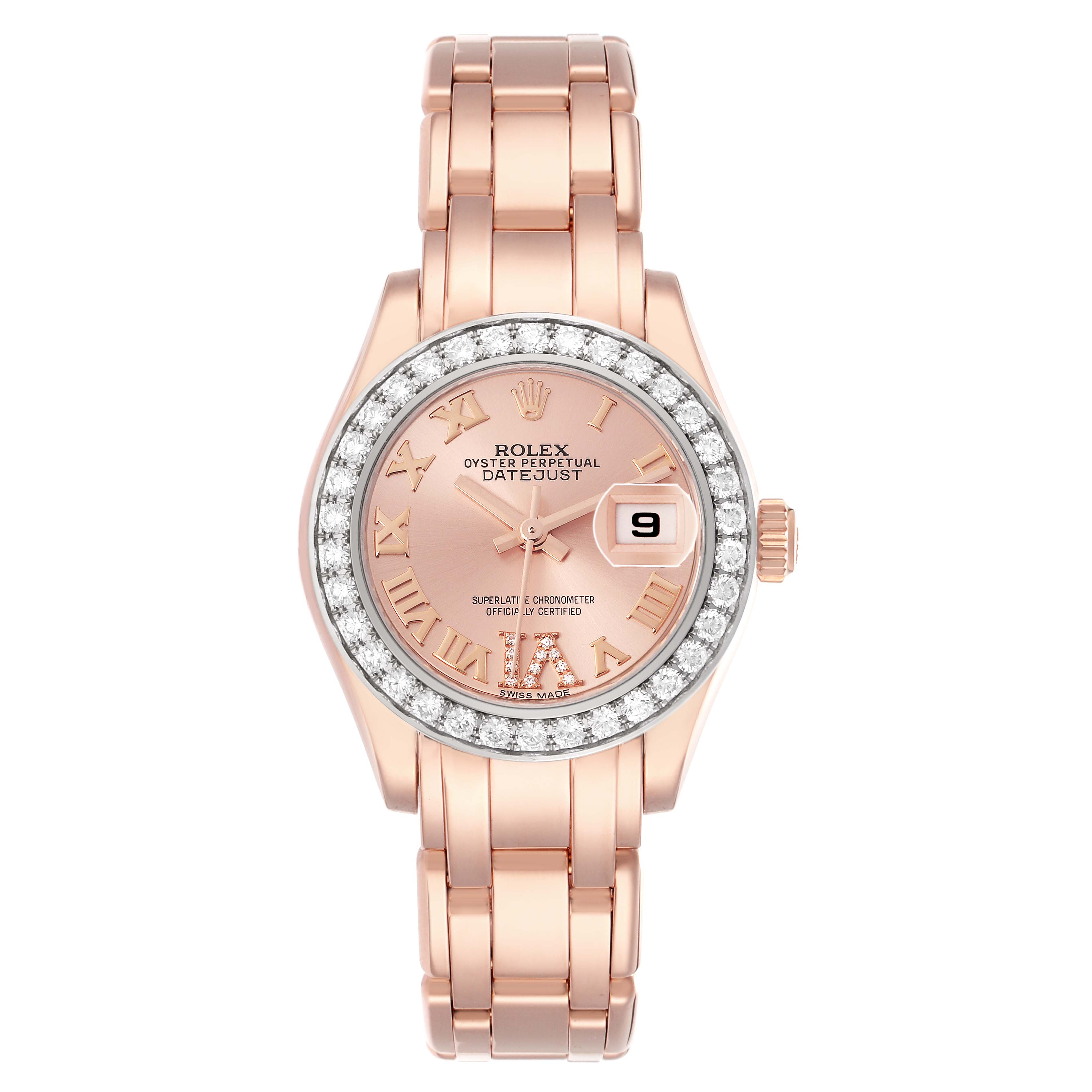 The Rolex Pearlmaster 80285 Women
s Rose Gold Pink Dial 80285 Women
s Rose Gold Pink Dial is shown from a top-down angle, highlighting its dial, bezel, and bracelet.