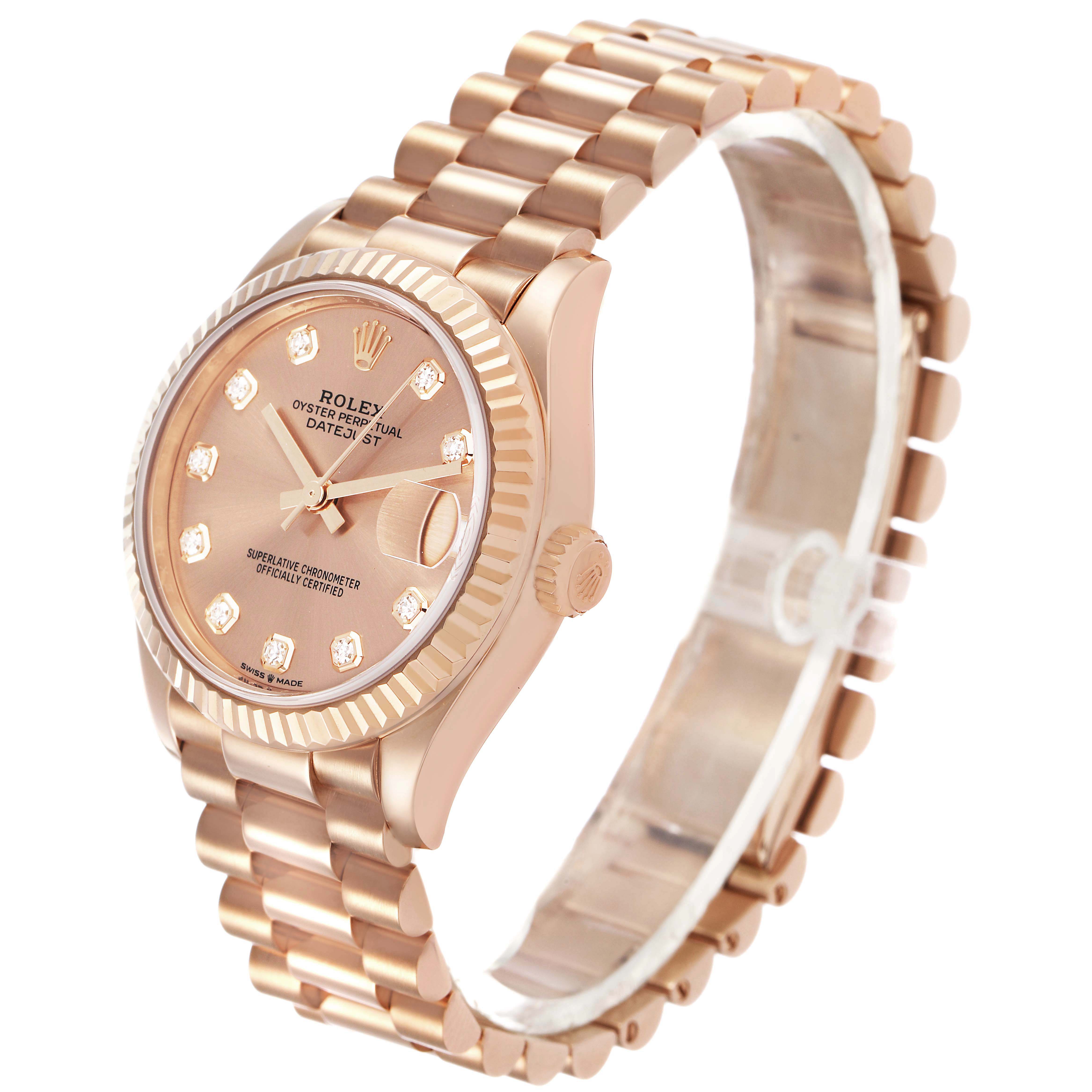 The Rolex Mid-Size 278275 Women's Rose Gold Pink Dial watch is shown at a three-quarter angle highlighting its face, bezel, crown, and part of the bracelet.