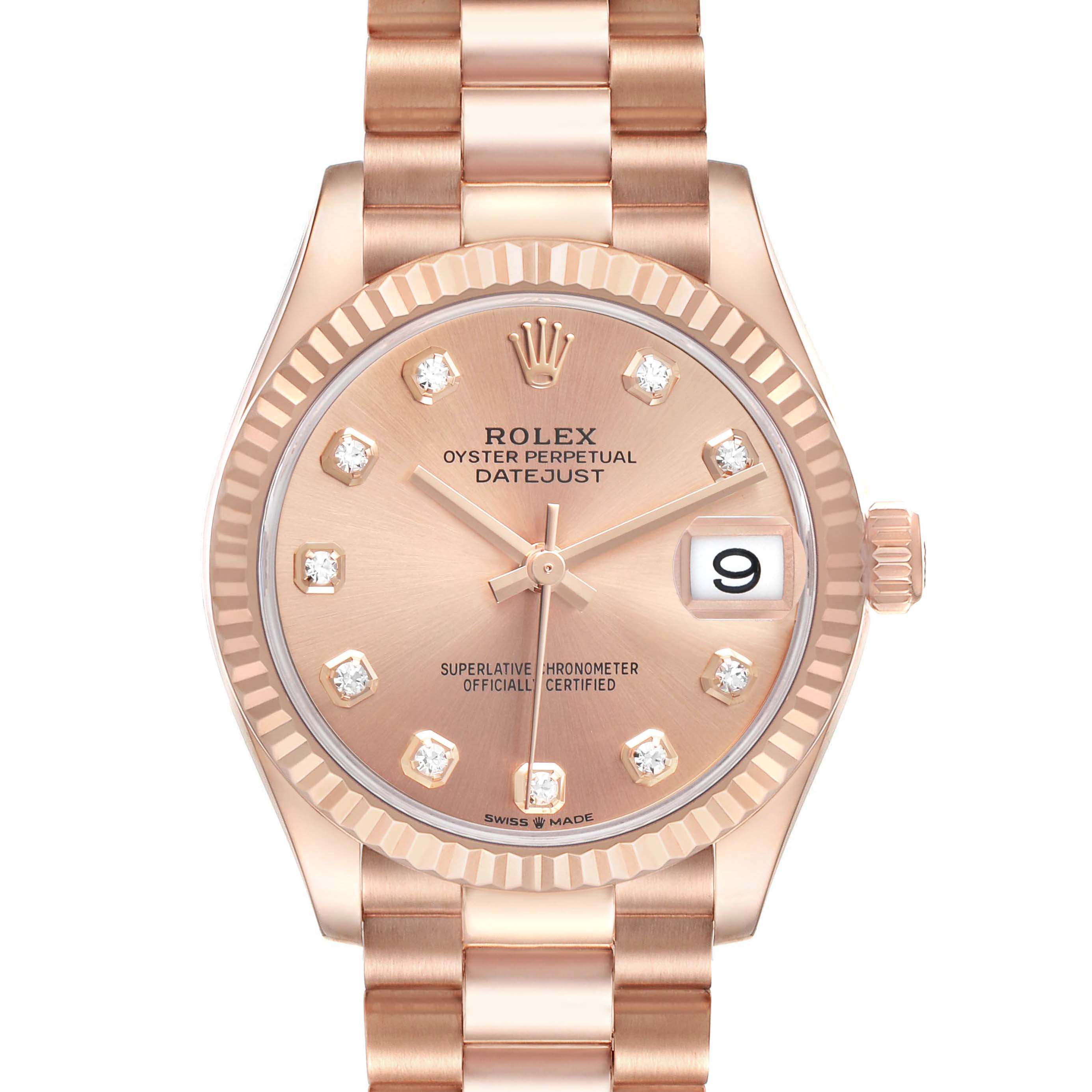 The Rolex Mid-Size 278275 Women's Rose Gold Pink Dial Datejust is shown front-facing, highlighting the dial, fluted bezel, and bracelet.