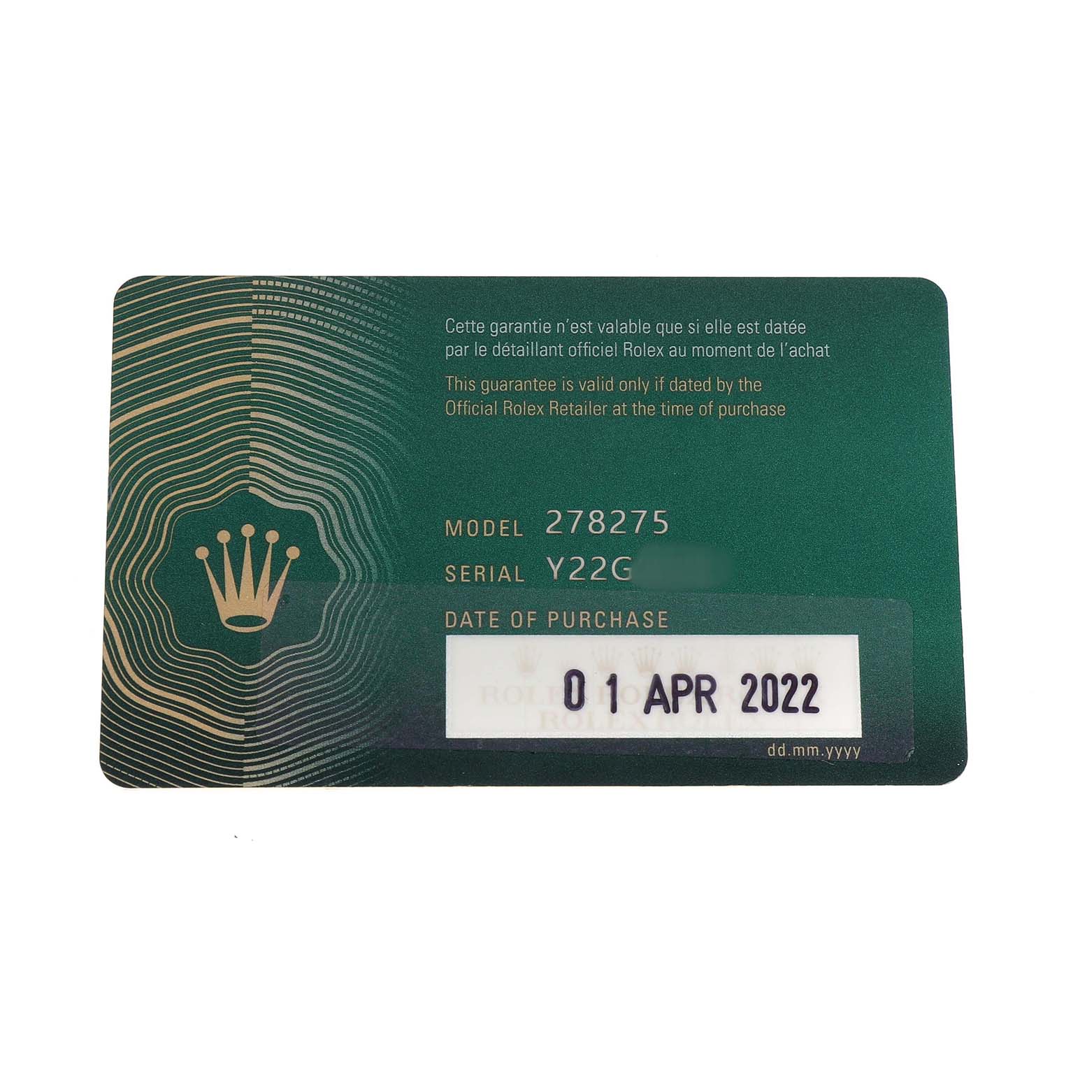 The image shows a warranty card for a Rolex Mid-Size 278275 Women's Rose Gold Pink Dial model, displaying model and serial numbers.