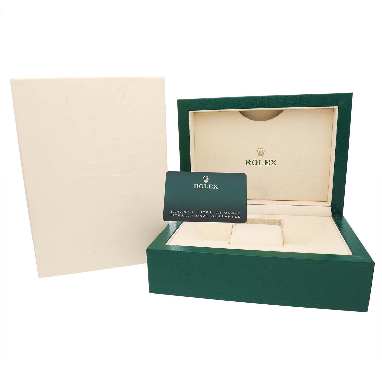 The image shows the box and guarantee card for a Mid-Size Rolex watch, displayed from a front angle.