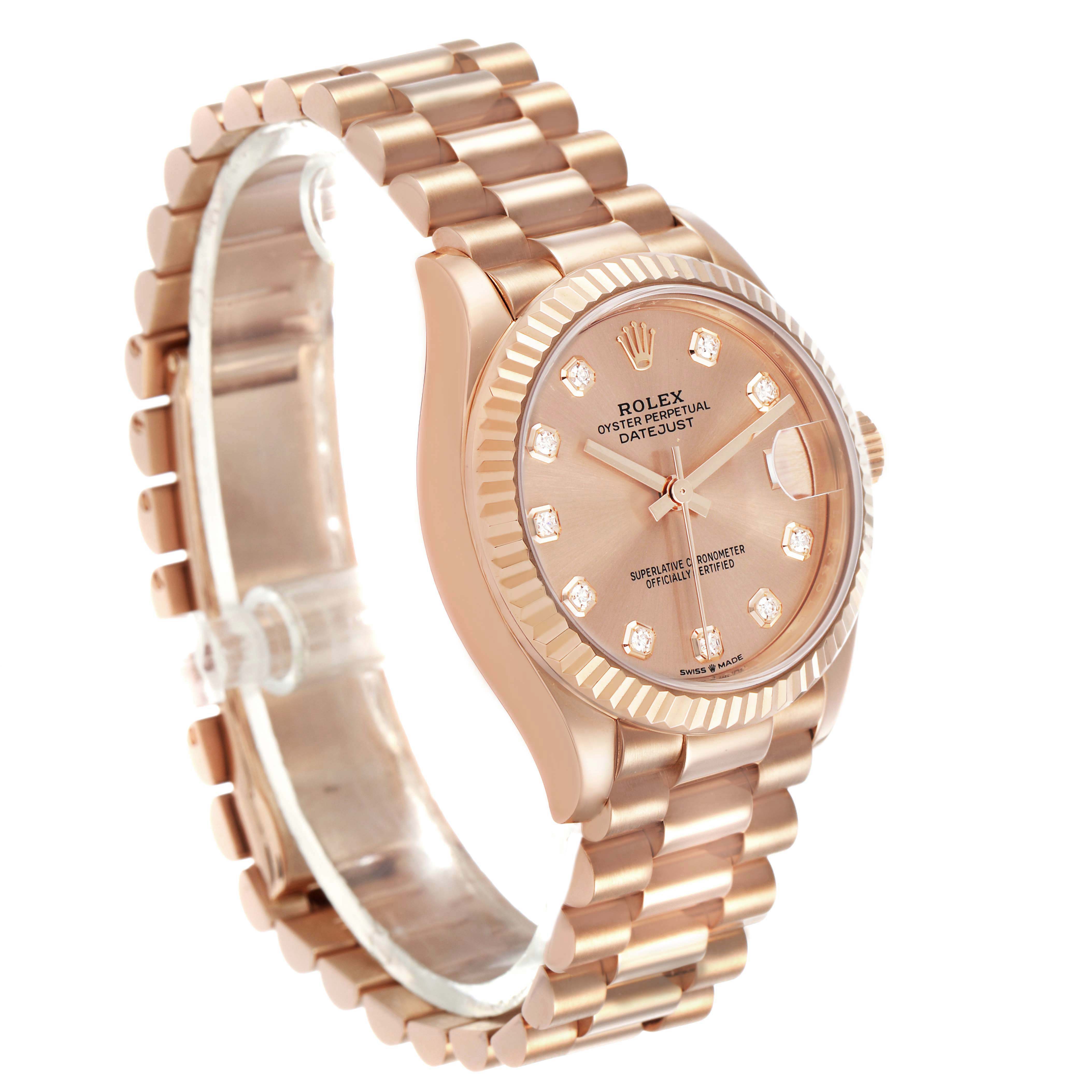 The Rolex Mid-Size 278275 Women's Rose Gold Pink Dial watch is shown at a three-quarter angle, highlighting the face, bezel, and bracelet.
