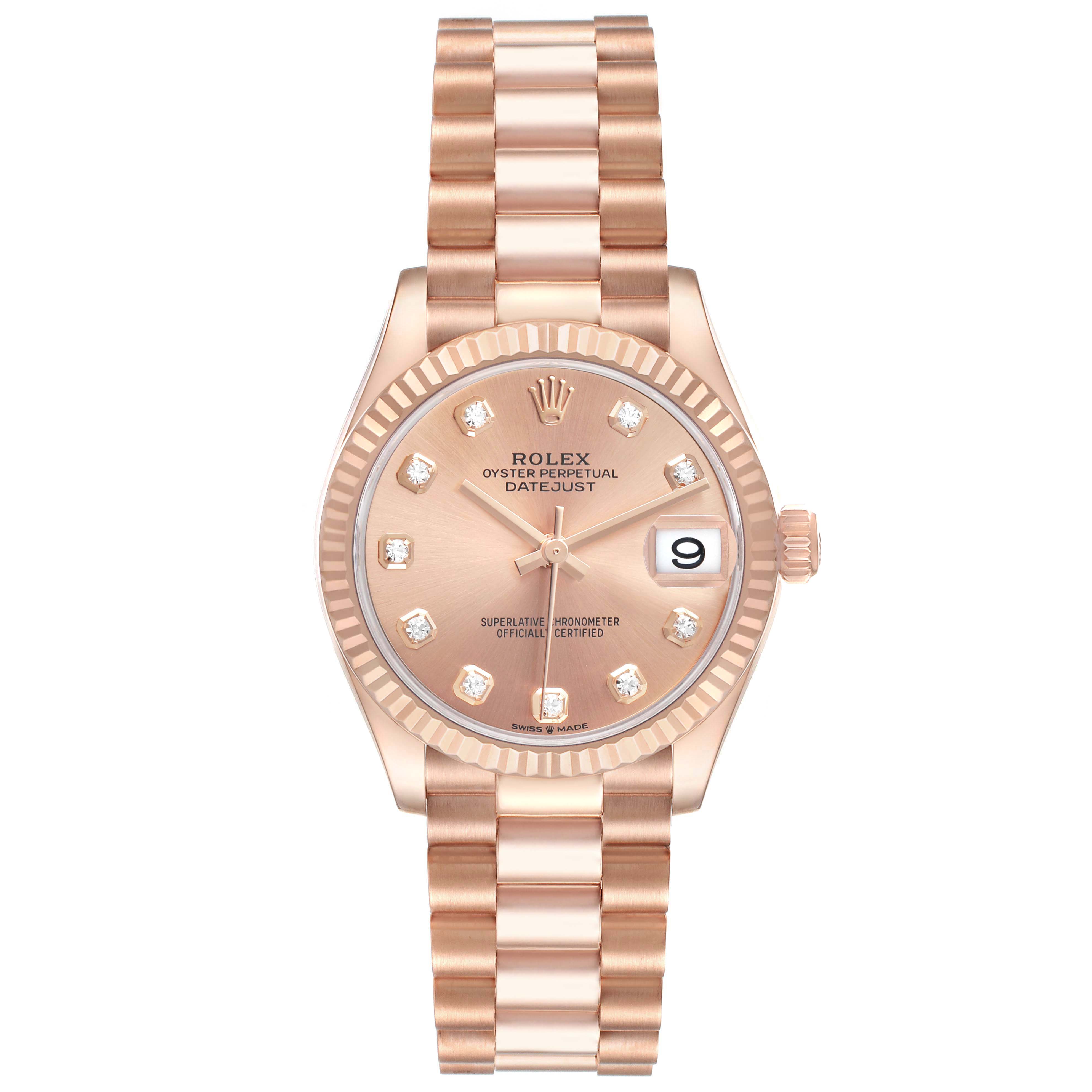 The Rolex Mid-Size 278275 Women's Rose Gold Pink Dial model is shown from the front, displaying the dial, bracelet, date window, and crown.