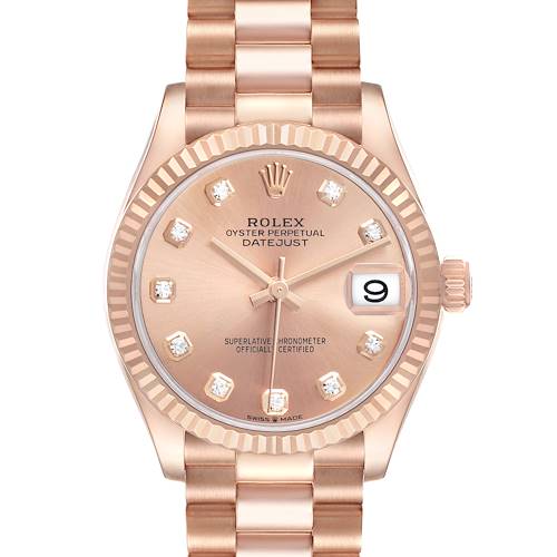The Rolex Datejust Mid-Size watch is shown from the front, displaying its rose gold dial and diamond hour markers.