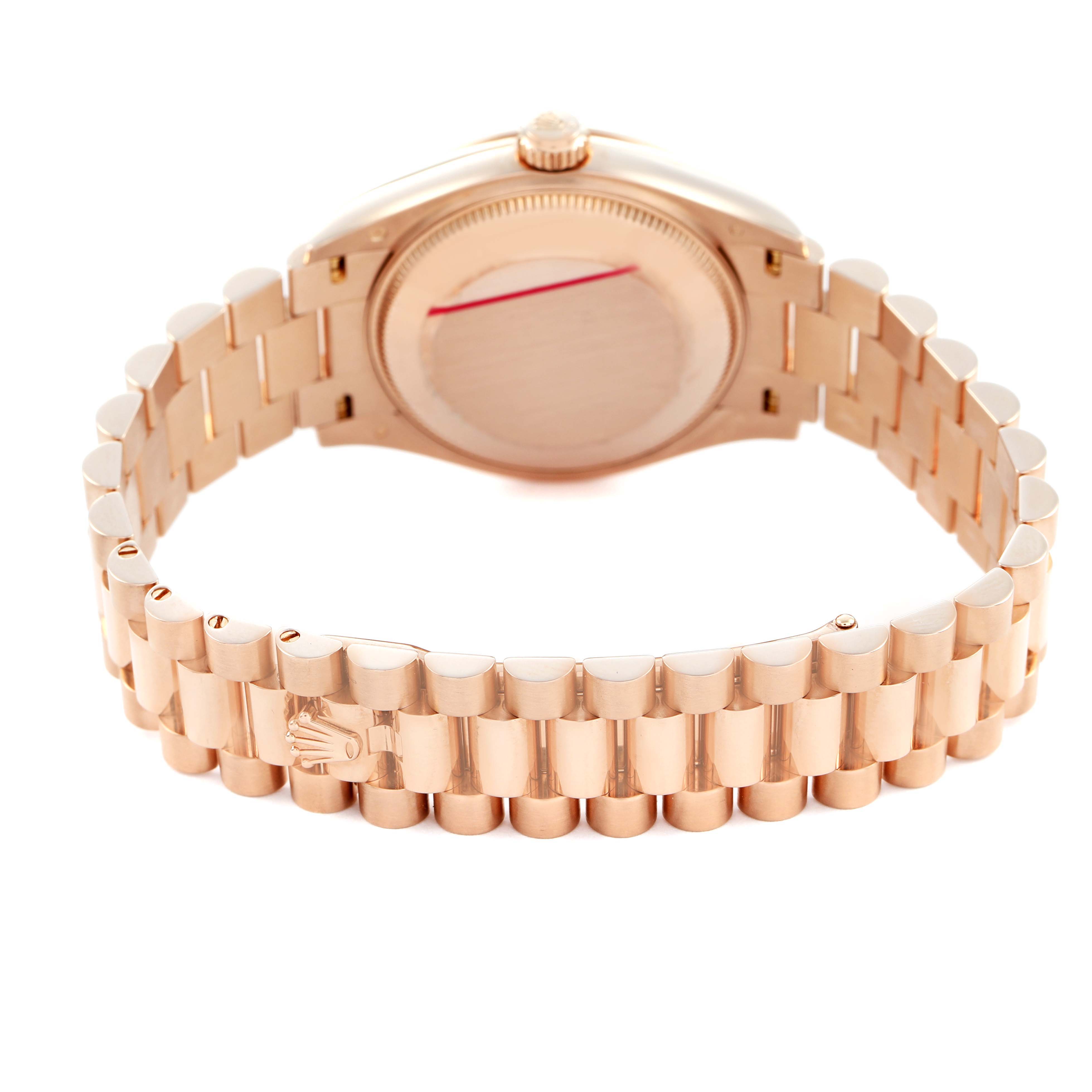 The image shows the back and bracelet of a Mid-Size Rolex watch, focusing on the clasp and caseback.