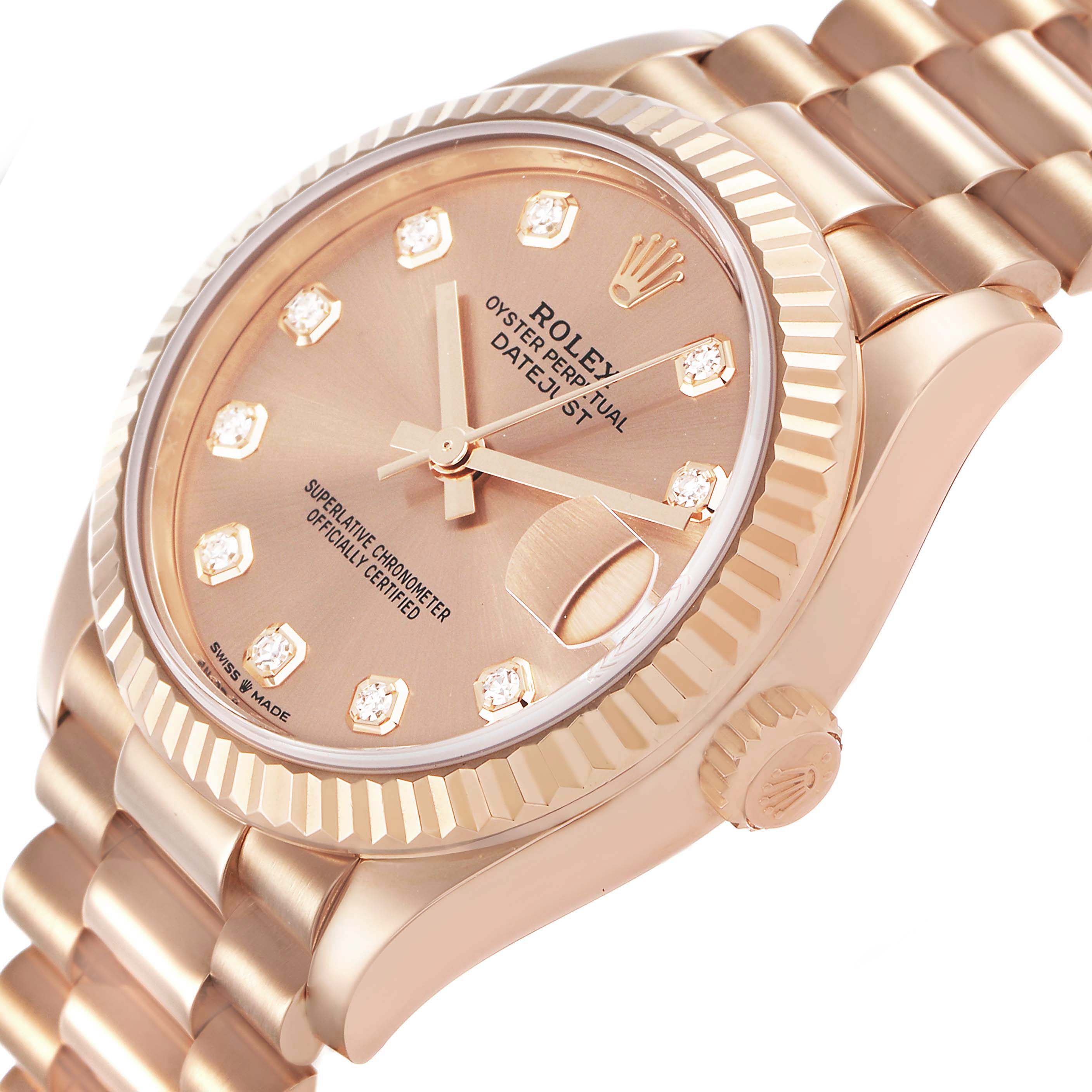 The Rolex Mid-Size 278275 Women's Rose Gold Pink Dial Datejust is shown at an angled view highlighting the rose gold case, fluted bezel, and diamond hour markers.