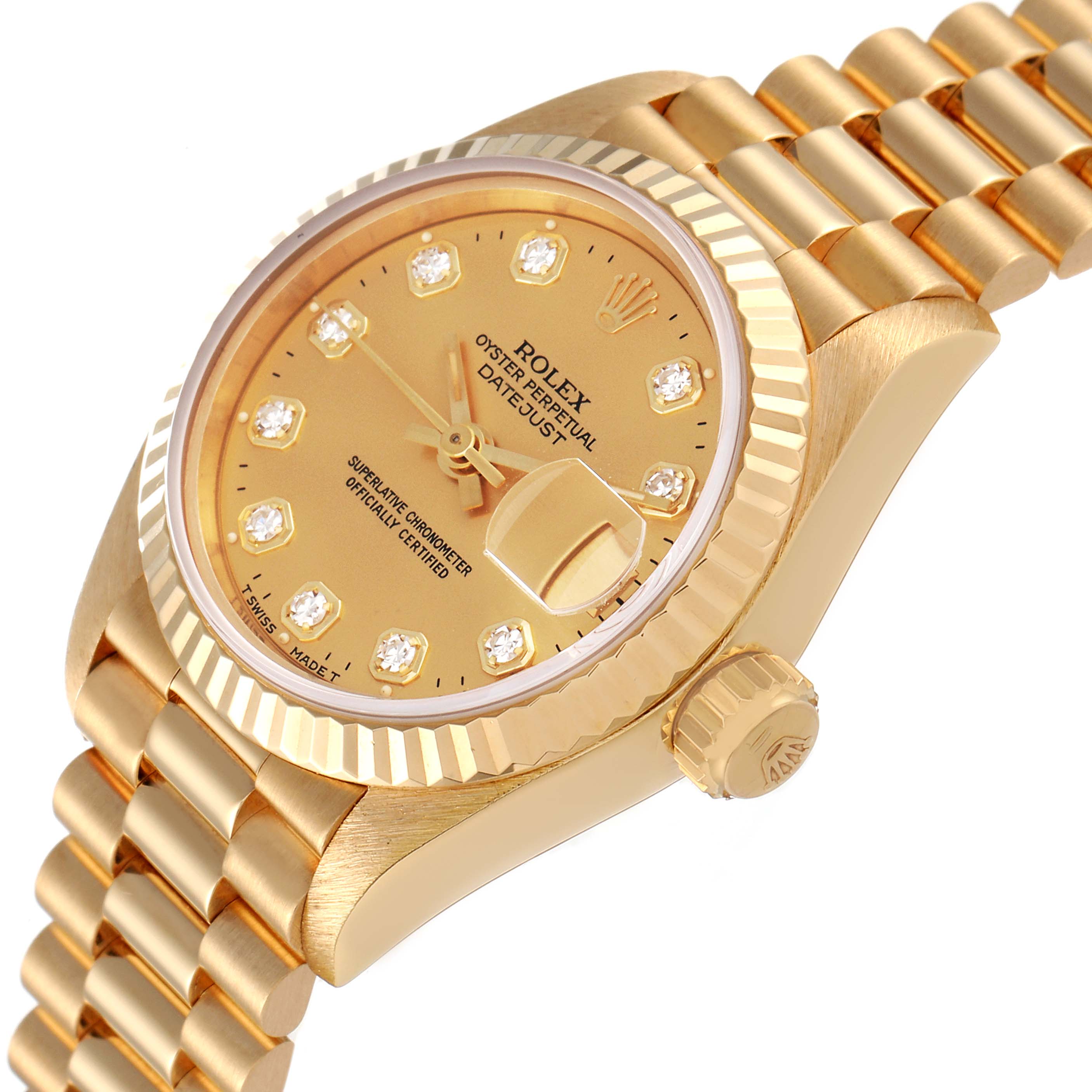 The image shows a Rolex President 69178 Women
s Yellow Gold Champagne Dial 69178 Women
s Yellow Gold Champagne Dial model watch at an angled view, highlighting the dial, bezel, and part of the bracelet.