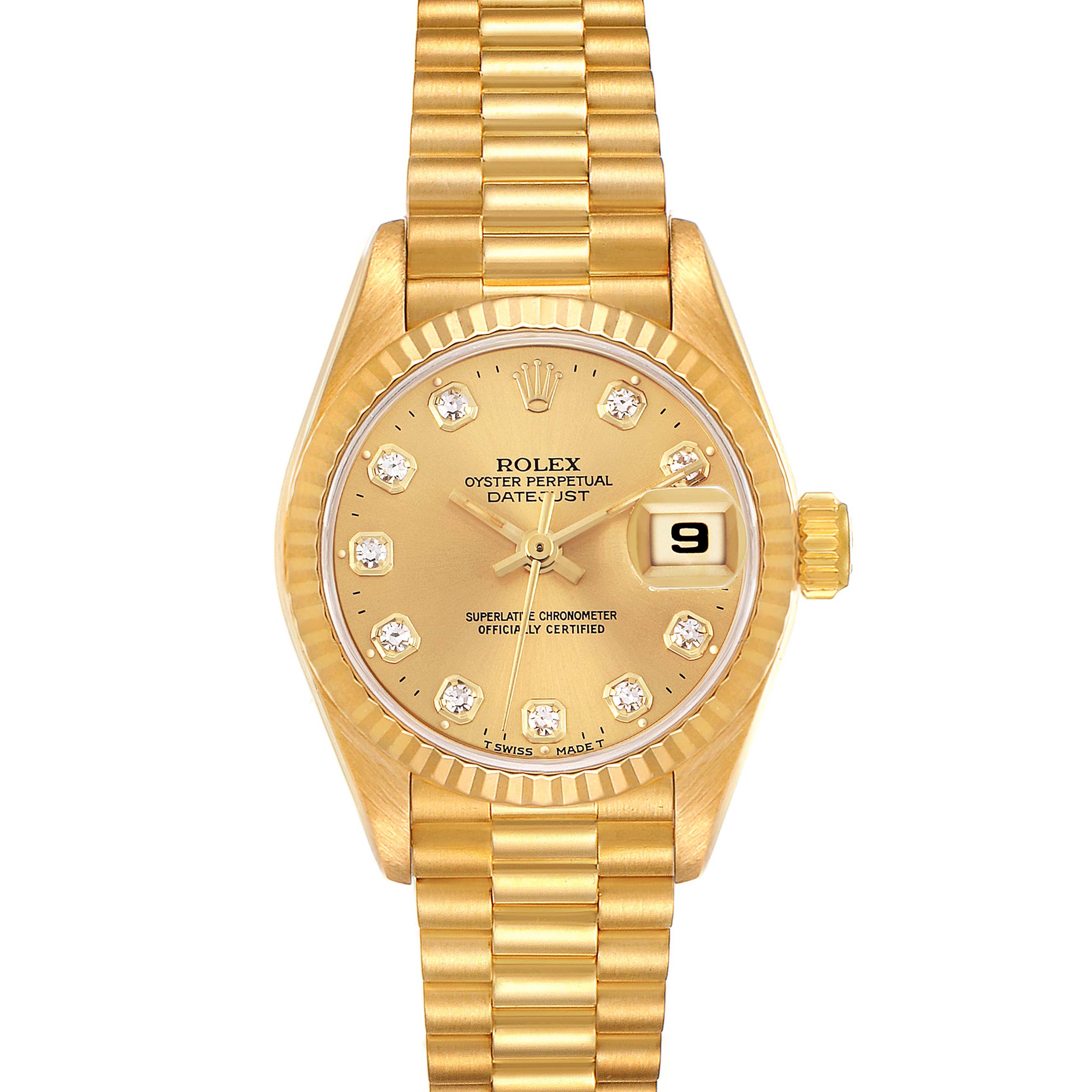 This image shows a frontal view of the Rolex President 69178 Women
s Yellow Gold Champagne Dial 69178 Women
s Yellow Gold Champagne Dial model watch, highlighting its gold dial, fluted bezel, and the date window.