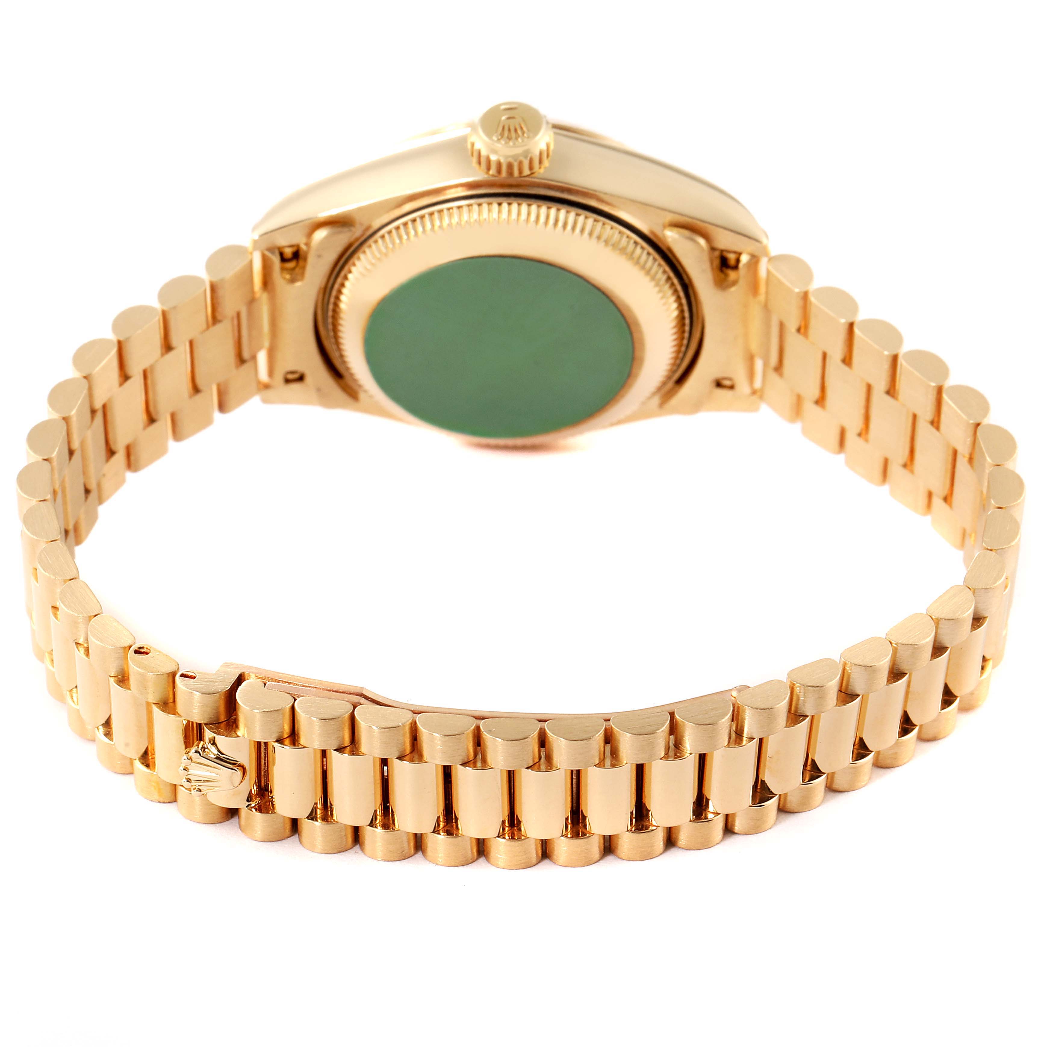 The image shows the back view of a Rolex President 69178 Women
s Yellow Gold Champagne Dial 69178 Women
s Yellow Gold Champagne Dial model watch, highlighting its bracelet and case back.