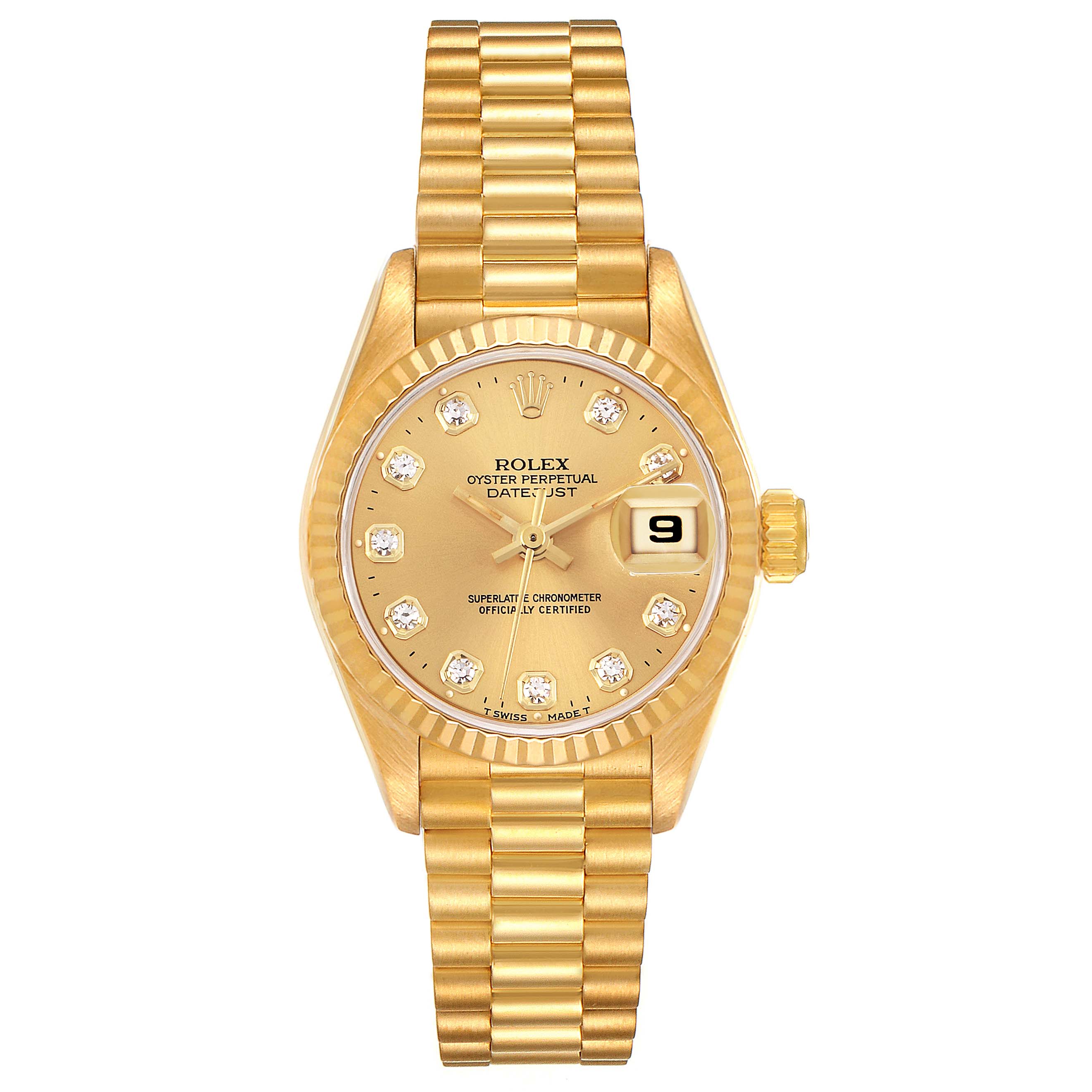 The image shows a Rolex President 69178 Women
s Yellow Gold Champagne Dial 69178 Women
s Yellow Gold Champagne Dial model watch in gold, featuring its face with a date window and bracelet from a front angle.