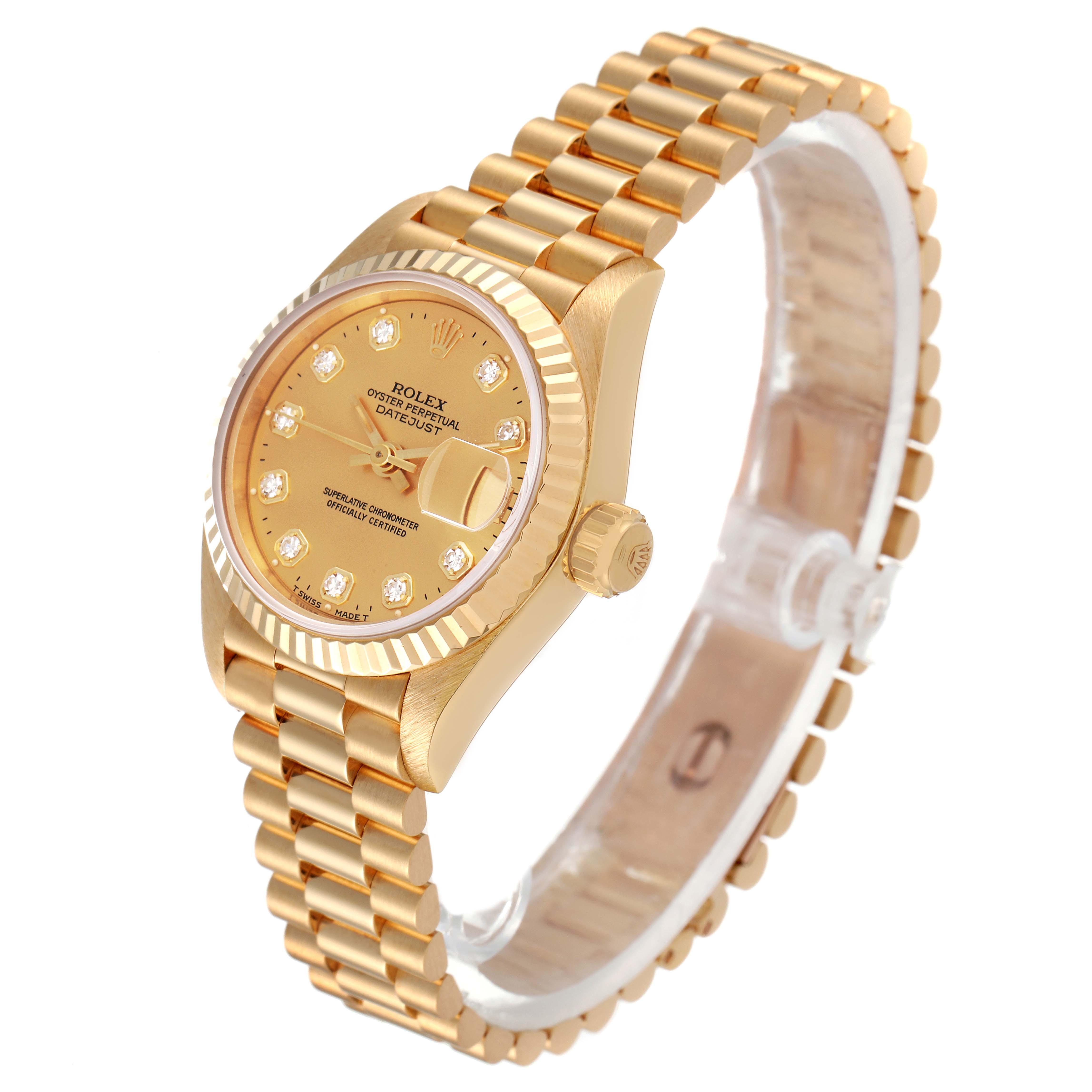 The image shows a Rolex President 69178 Women
s Yellow Gold Champagne Dial 69178 Women
s Yellow Gold Champagne Dial model watch angled to display the face, bezel, dial, crown, and President bracelet.