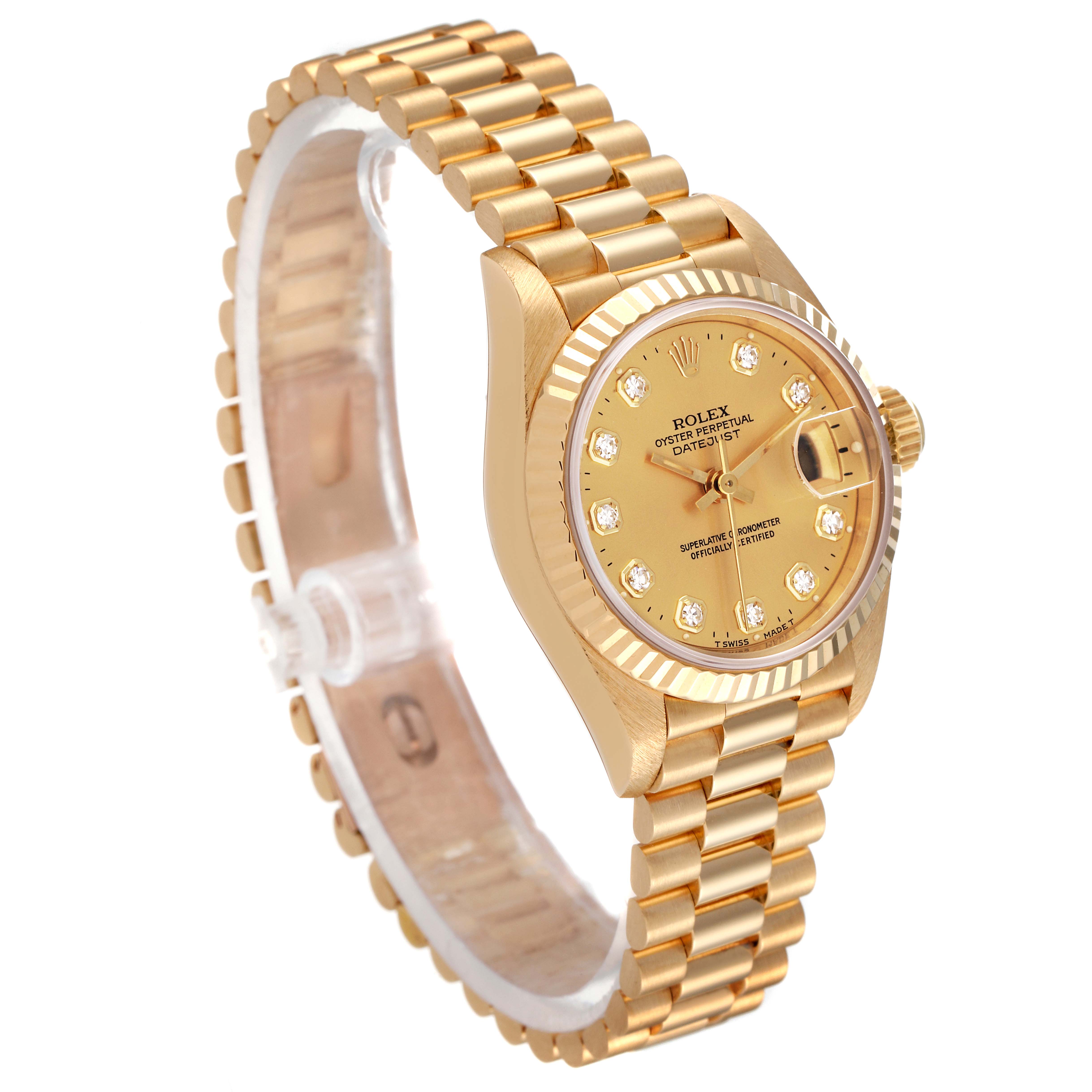 This image shows a side view of a Rolex President 69178 Women
s Yellow Gold Champagne Dial 69178 Women
s Yellow Gold Champagne Dial model watch, highlighting its gold bracelet, fluted bezel, and diamond indices.