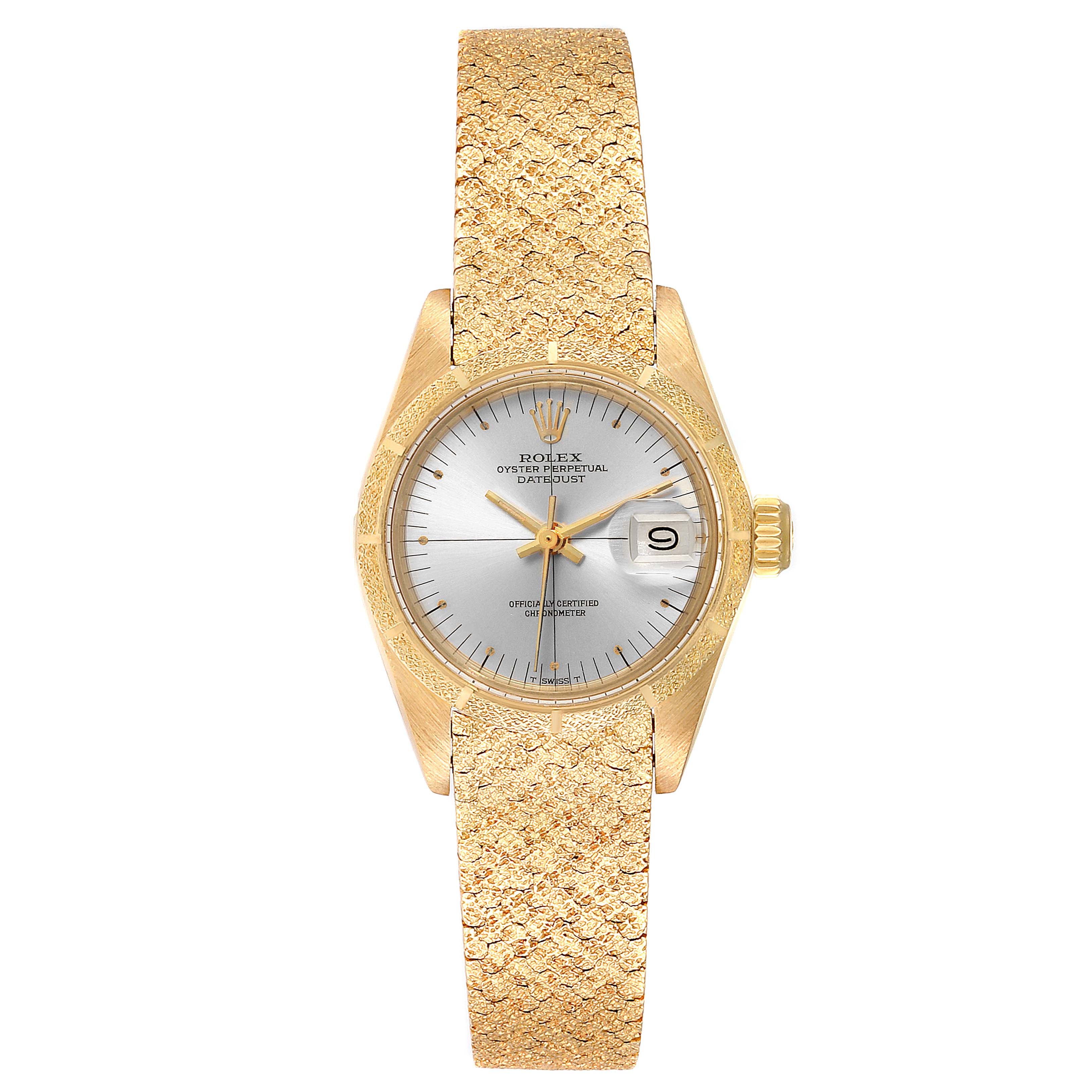 The image shows a frontal view of a Rolex President 6900 Women
s Yellow Gold Silver Dial 6900 Women
s Yellow Gold Silver Dial model watch, displaying its face, bezel, crown, and textured bracelet.