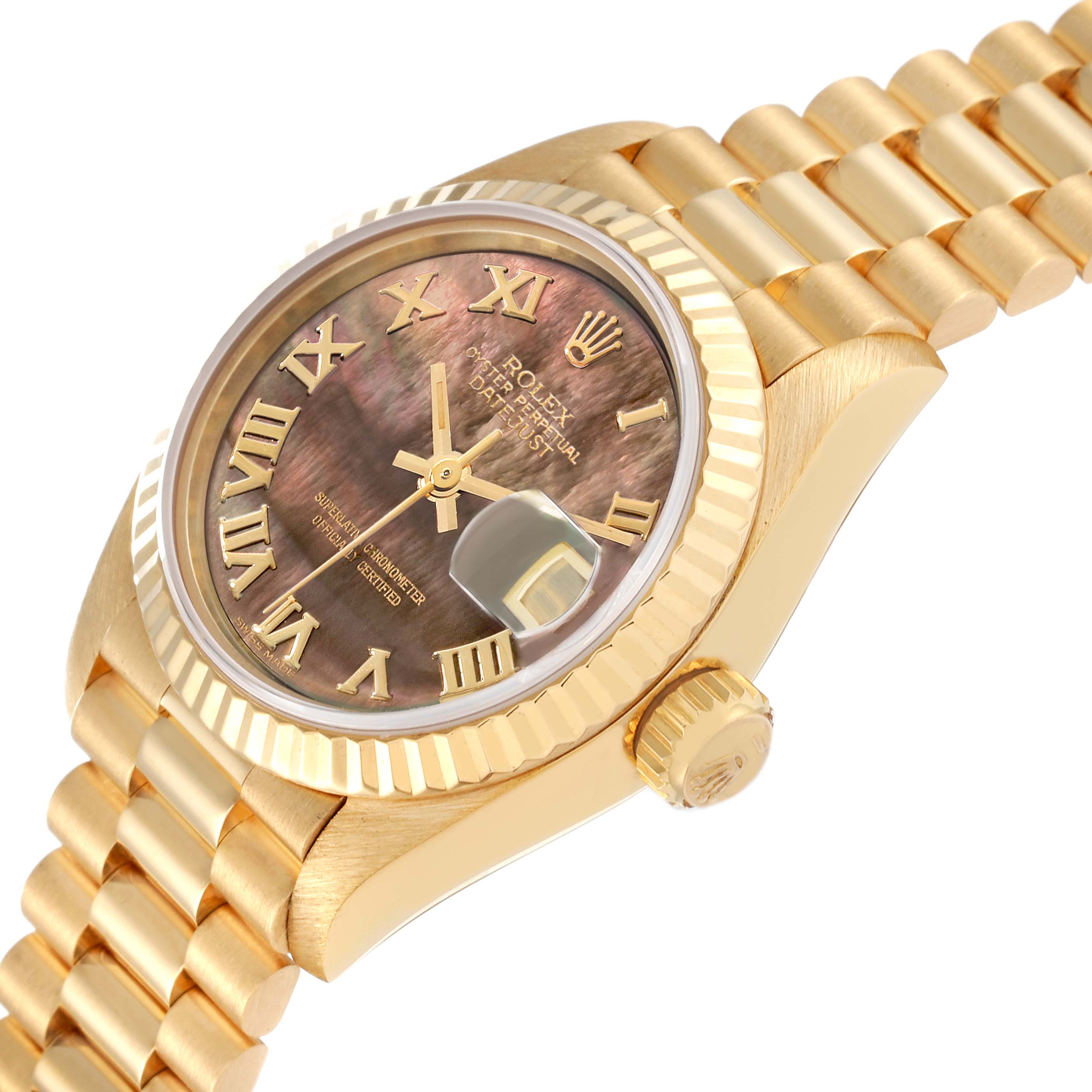 This image displays the dial, bezel, crown, and bracelet of the Rolex President 69178 Women's Yellow Gold Mother of Pearl Dial 69178 Women's Yellow Gold Mother of Pearl Dial model watch from an angled side view.
