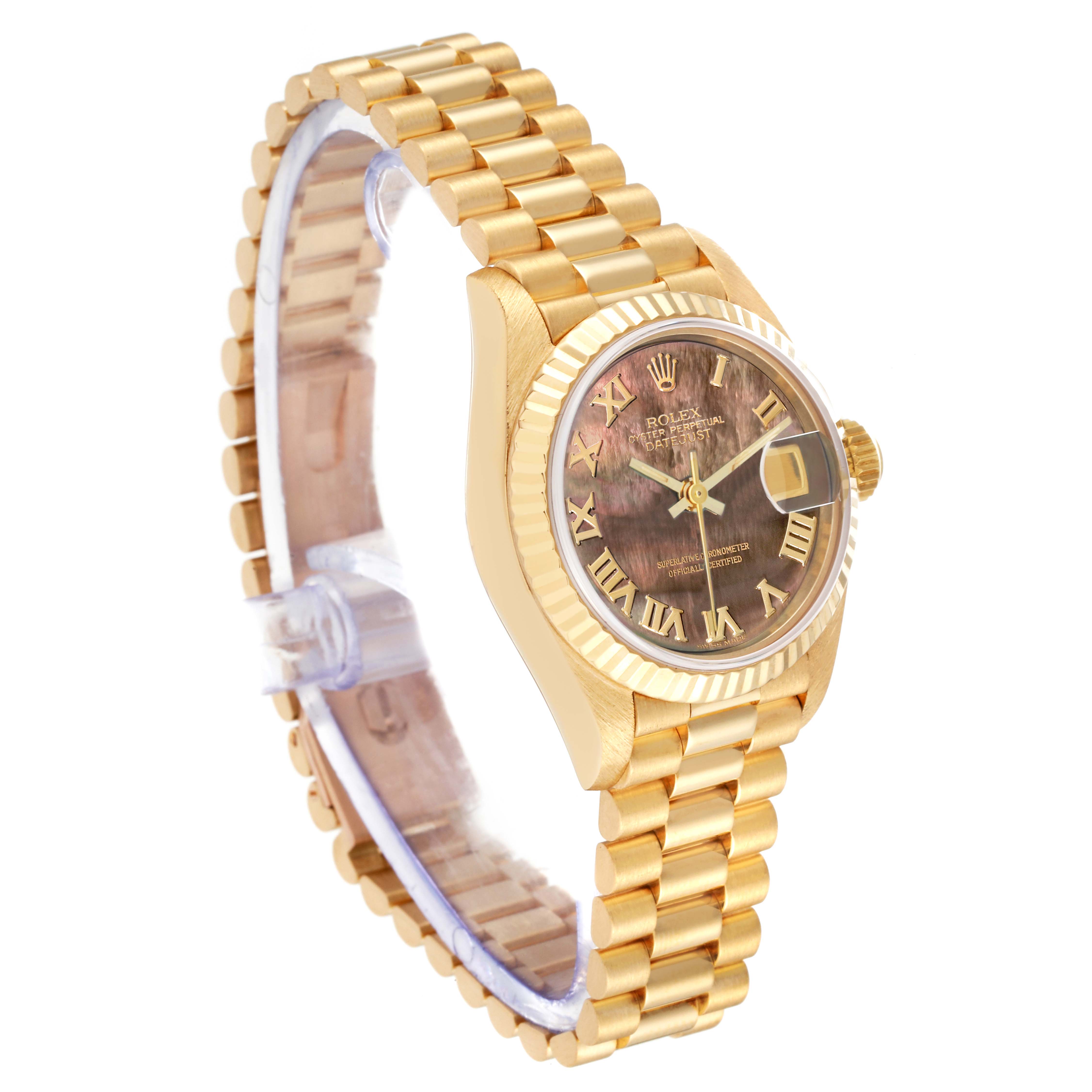 The image shows a Rolex President 69178 Women's Yellow Gold Mother of Pearl Dial 69178 Women's Yellow Gold Mother of Pearl Dial model watch from an angled side view, highlighting the band, face, and bezel.