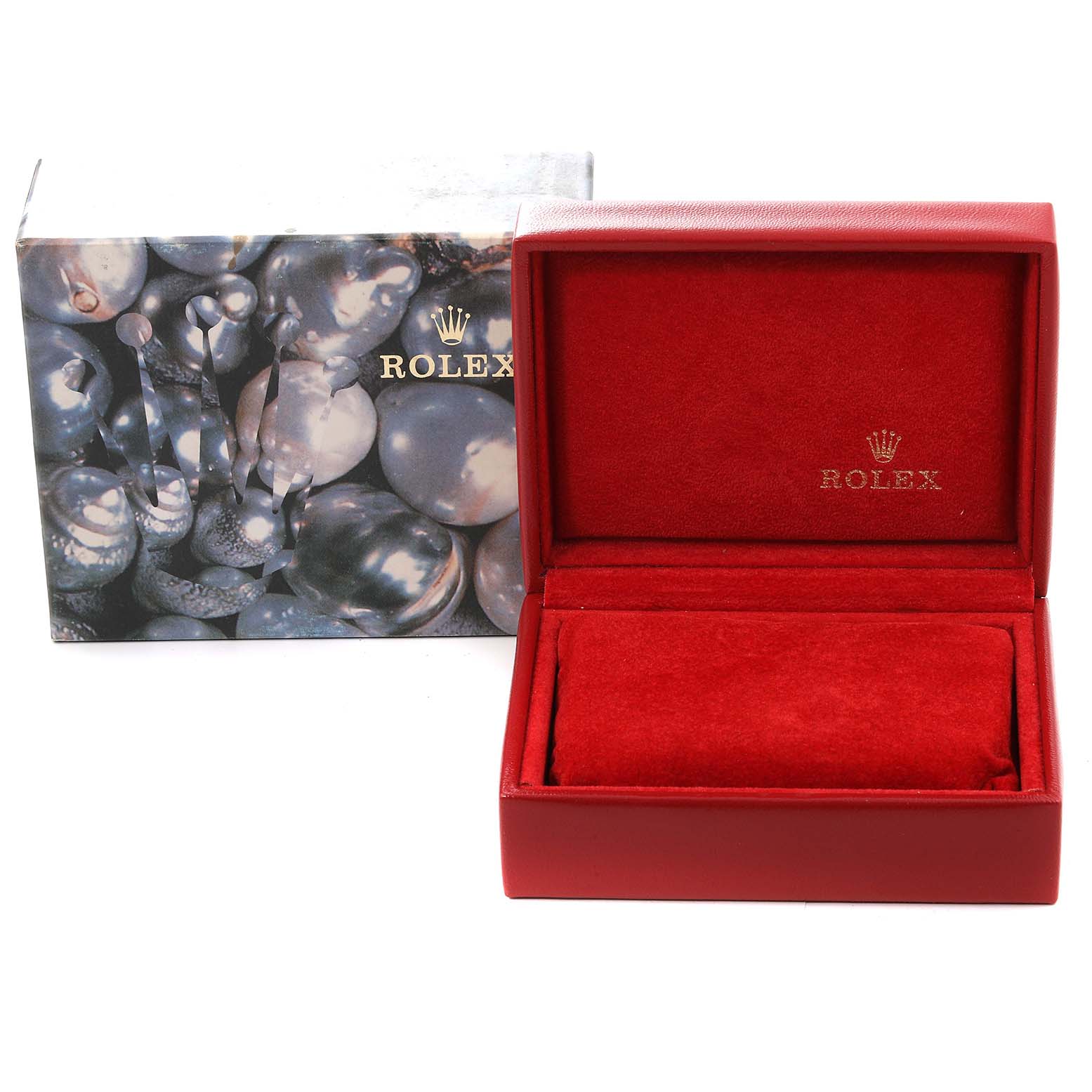 The image shows an empty Rolex President 69178 Women's Yellow Gold Mother of Pearl Dial 69178 Women's Yellow Gold Mother of Pearl Dial model watch box and its outer decorative sleeve.