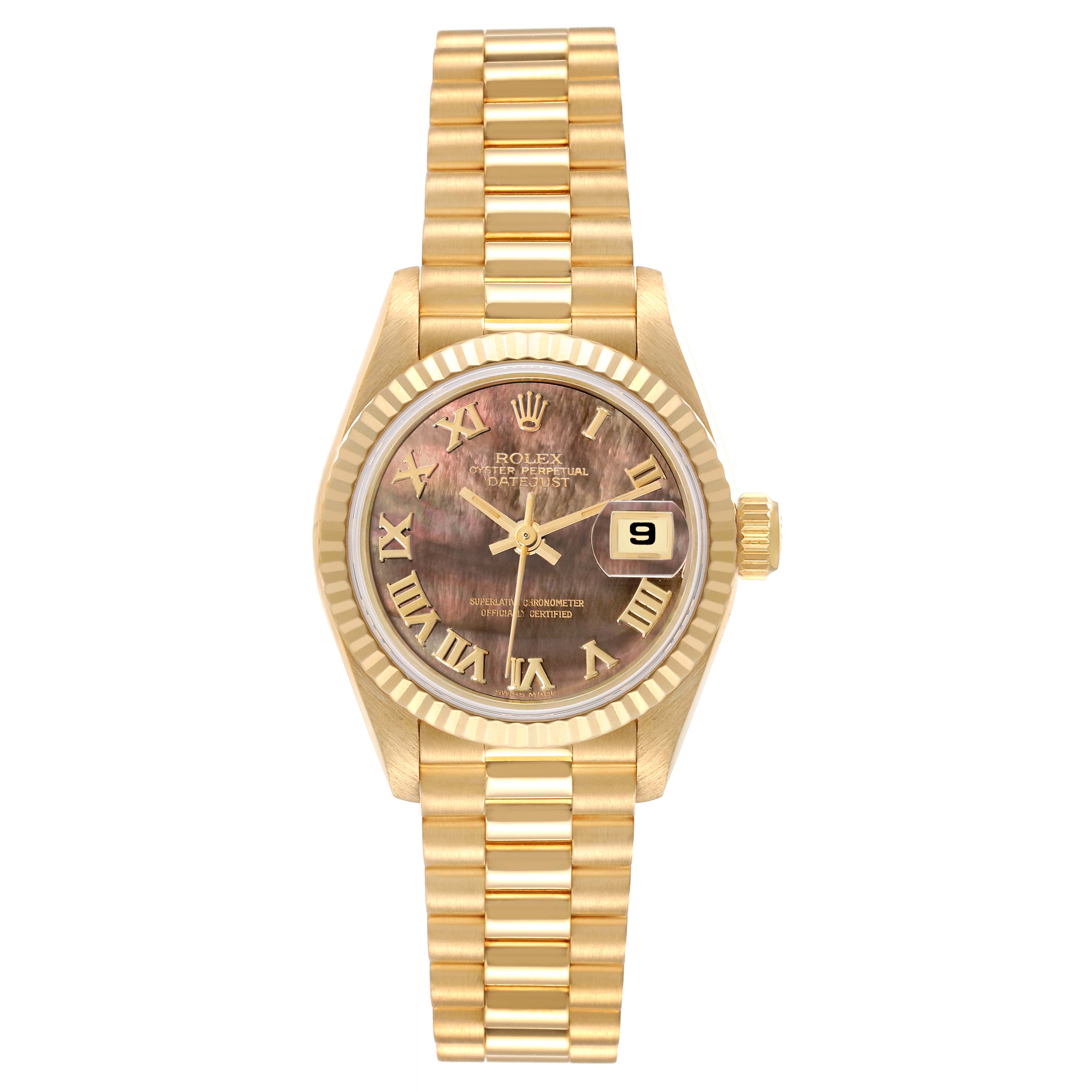 This image shows a front view of the Rolex President 69178 Women's Yellow Gold Mother of Pearl Dial 69178 Women's Yellow Gold Mother of Pearl Dial model watch, displaying the watch face, gold bezel, and gold bracelet.