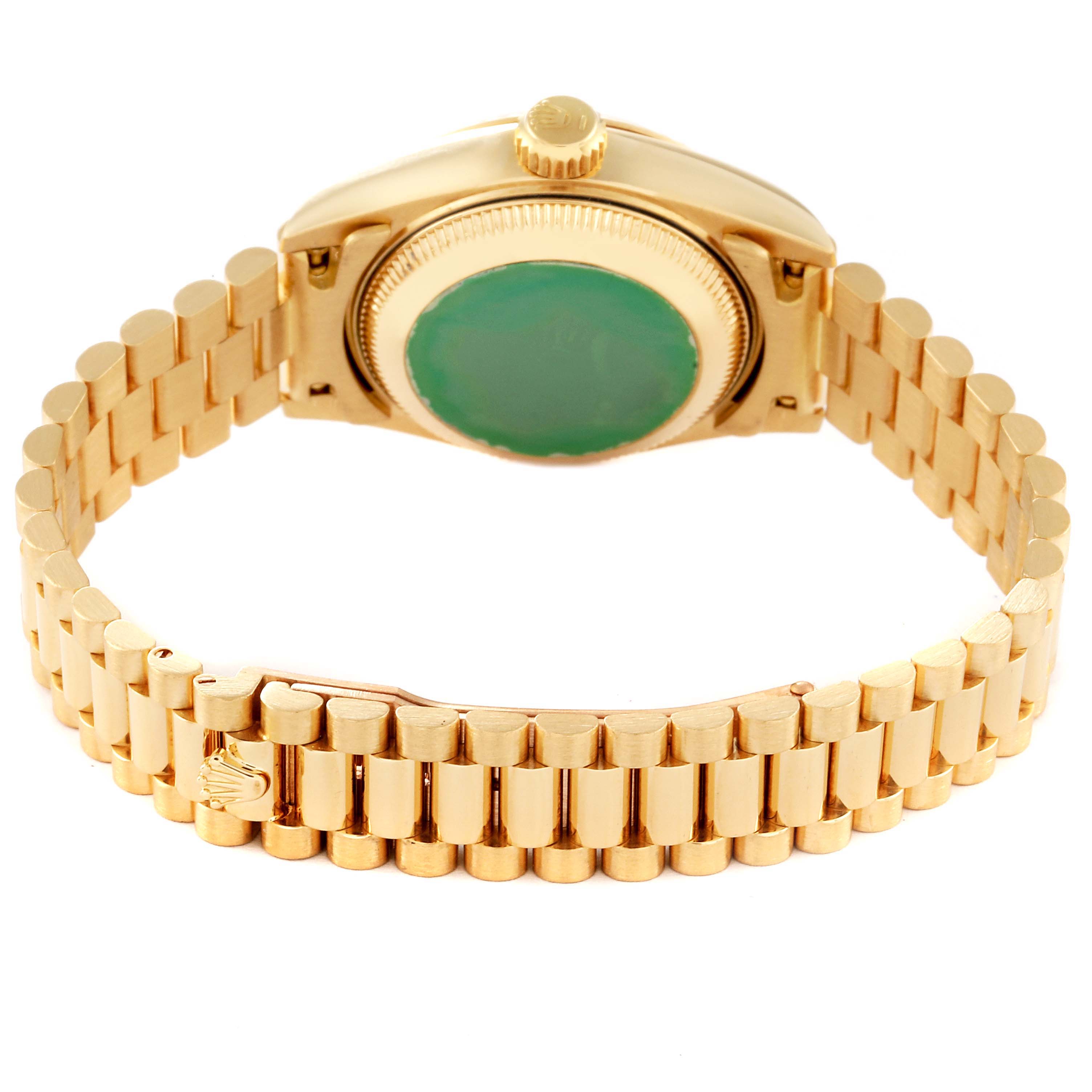 The image shows the back view of a Rolex President 69178 Women's Yellow Gold Mother of Pearl Dial 69178 Women's Yellow Gold Mother of Pearl Dial model watch, highlighting the bracelet and case back.