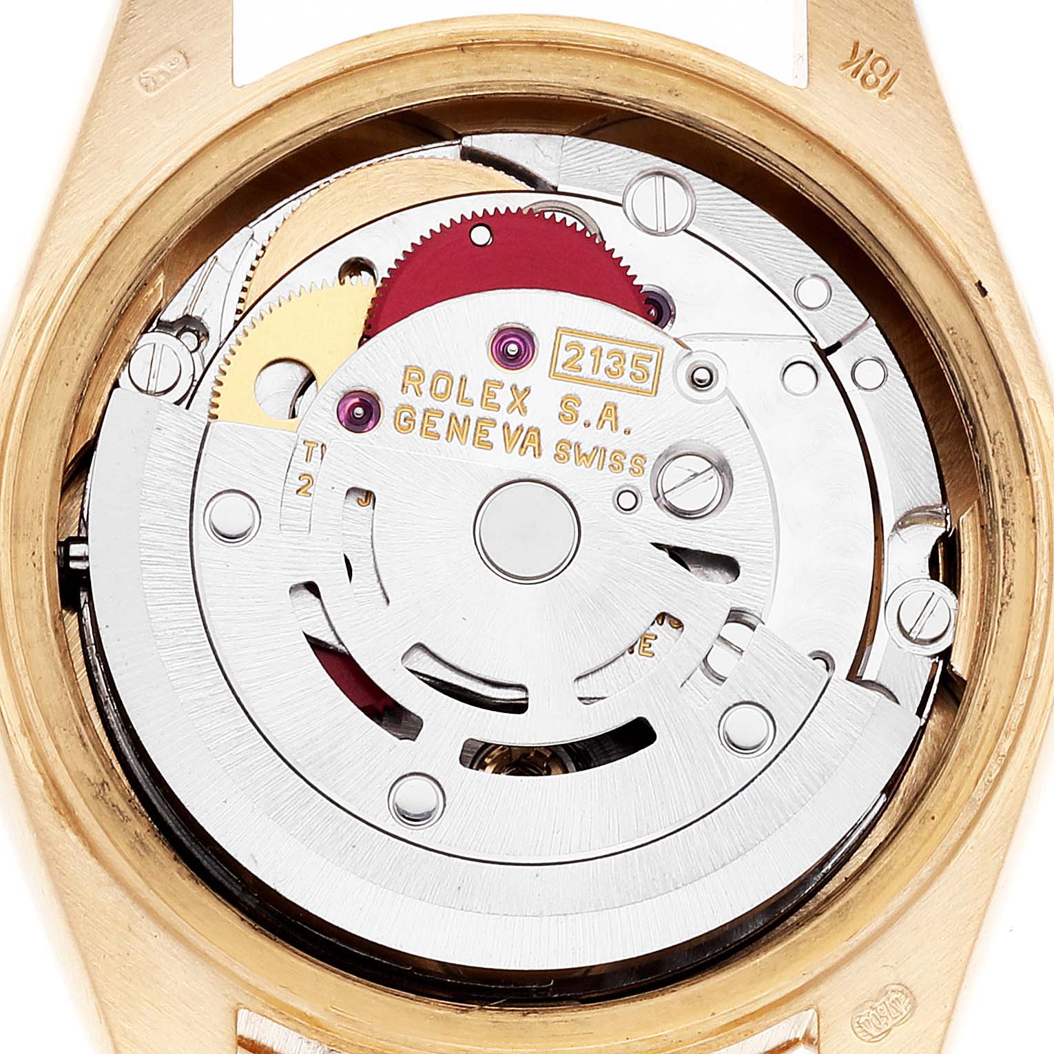 The image shows the inner mechanical movement of a Rolex President 69178 Women's Yellow Gold Mother of Pearl Dial 69178 Women's Yellow Gold Mother of Pearl Dial watch, viewed from the back with the case open.