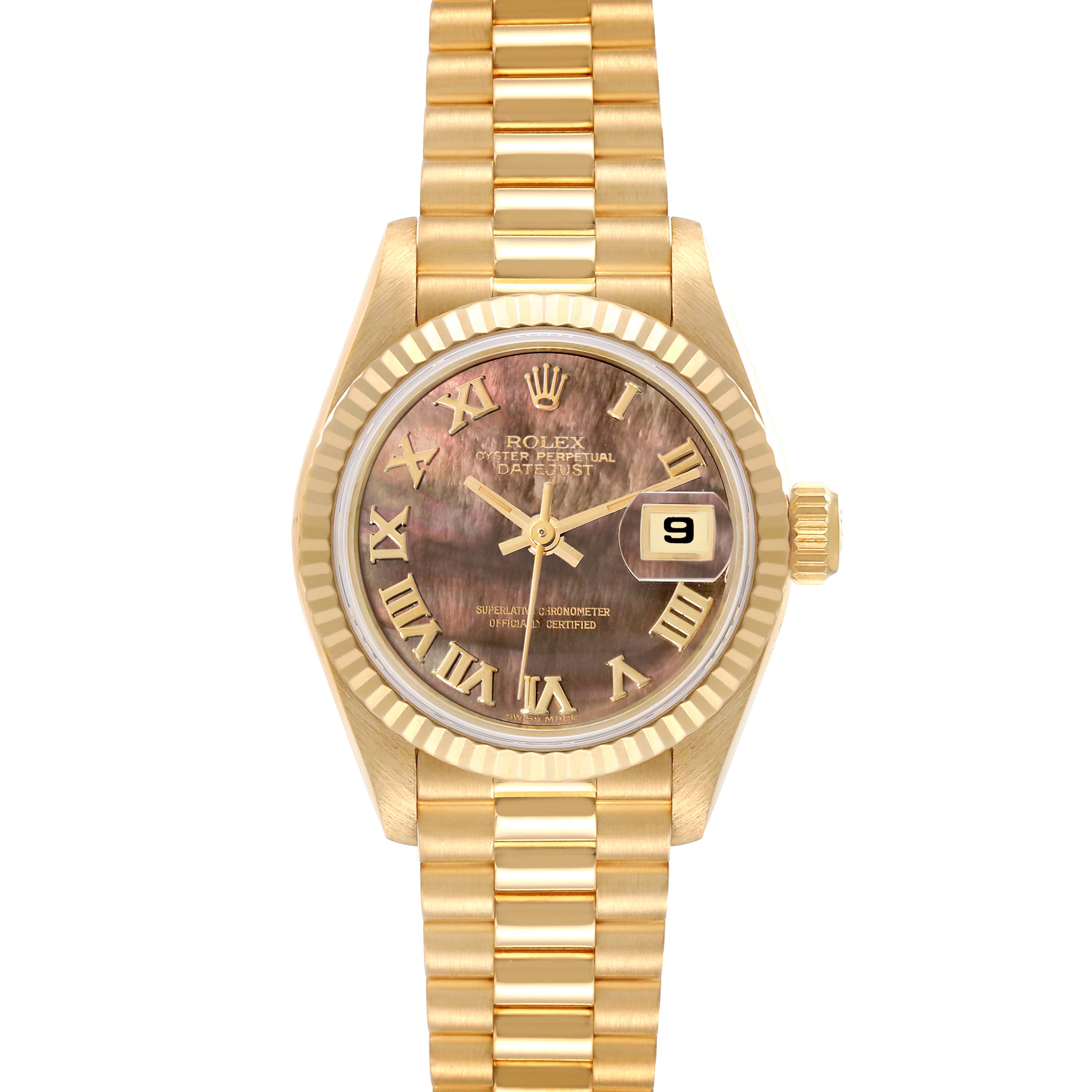 The Rolex President 69178 Women's Yellow Gold Mother of Pearl Dial 69178 Women's Yellow Gold Mother of Pearl Dial model watch is shown from the front, displaying the dial, case, bezel, and bracelet.