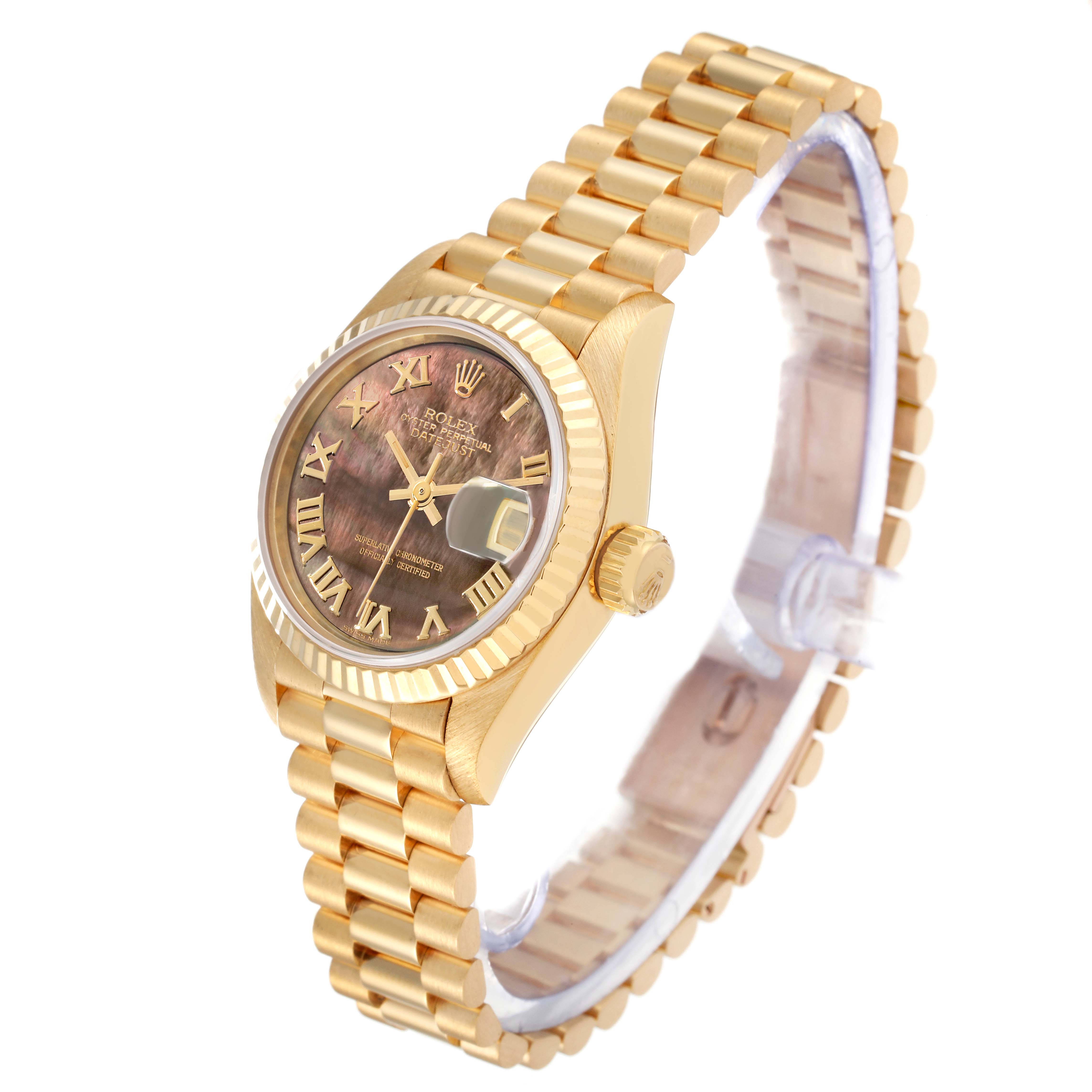 The image shows a Rolex President 69178 Women's Yellow Gold Mother of Pearl Dial 69178 Women's Yellow Gold Mother of Pearl Dial model watch at an angled view, highlighting the dial, bezel, crown, and bracelet.