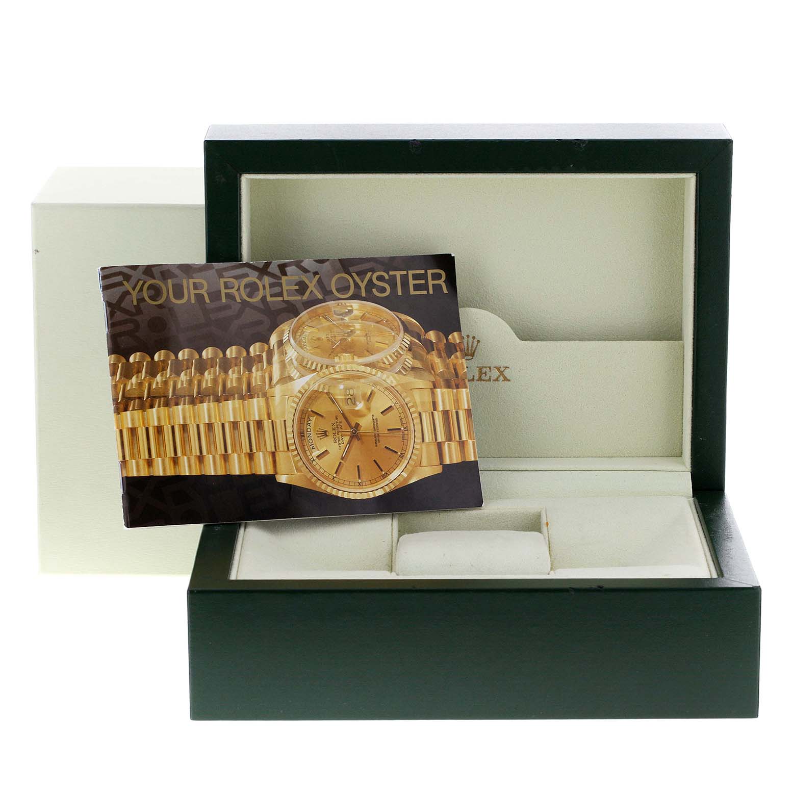 The image shows the opened box and booklet for a Rolex President 18239 Men
s White Gold Silver Dial 18239 Men
s White Gold Silver Dial watch, with the watch not visible.
