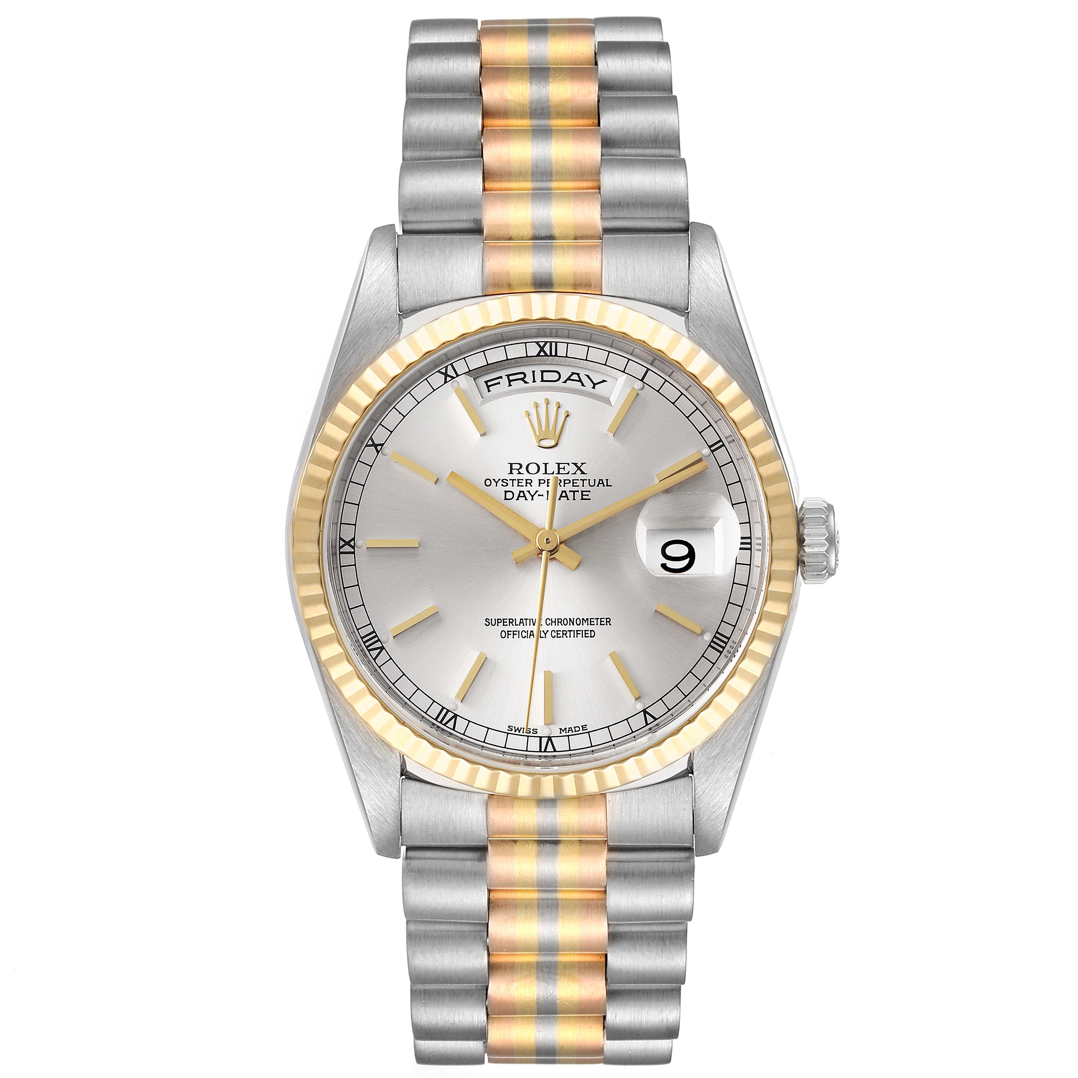 The image shows a frontal view of the Rolex President 18239 Men
s White Gold Silver Dial 18239 Men
s White Gold Silver Dial model watch, highlighting its face, bezel, and two-tone bracelet.