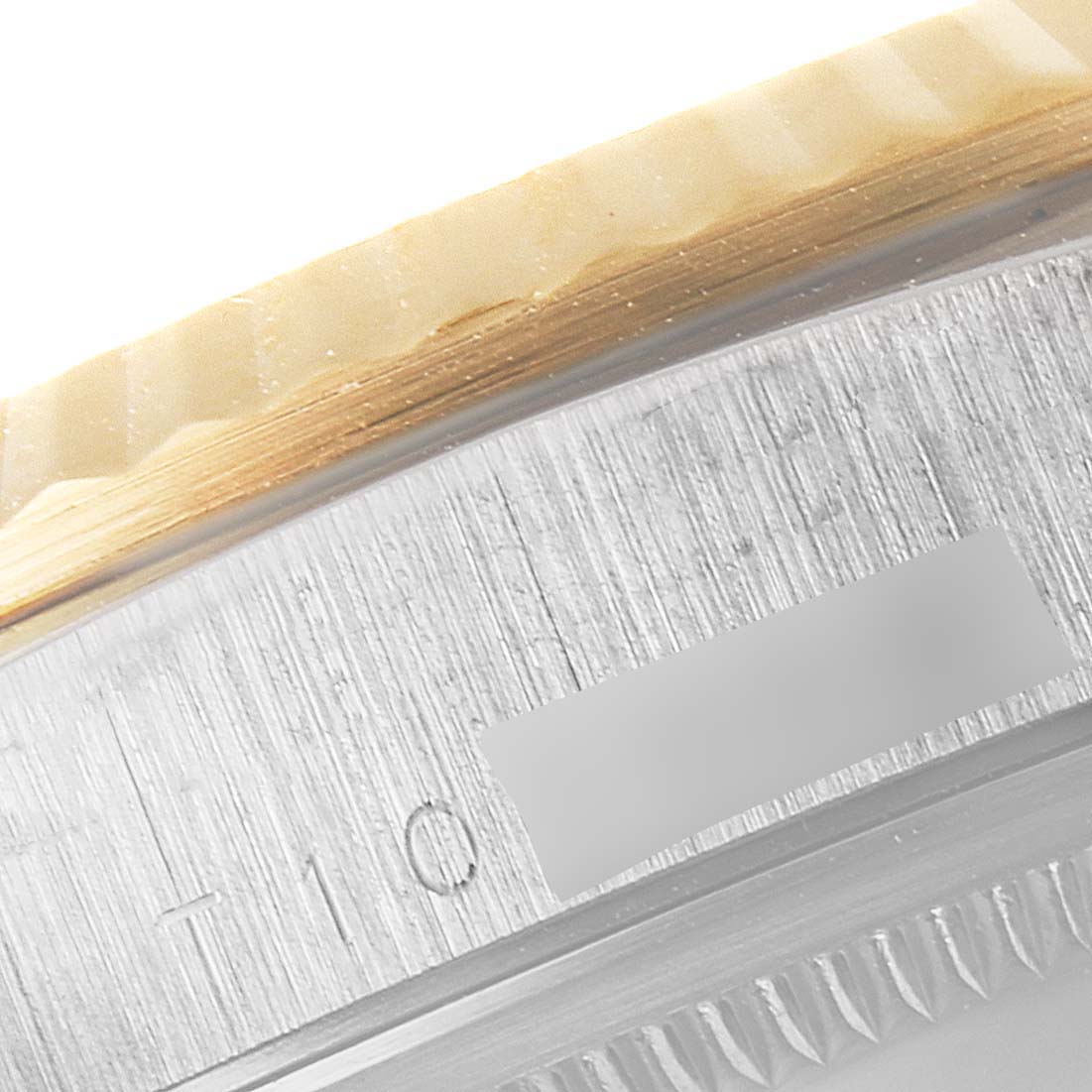 The image shows a close-up of the bezel and case edge of a Rolex President 18239 Men
s White Gold Silver Dial 18239 Men
s White Gold Silver Dial model watch.