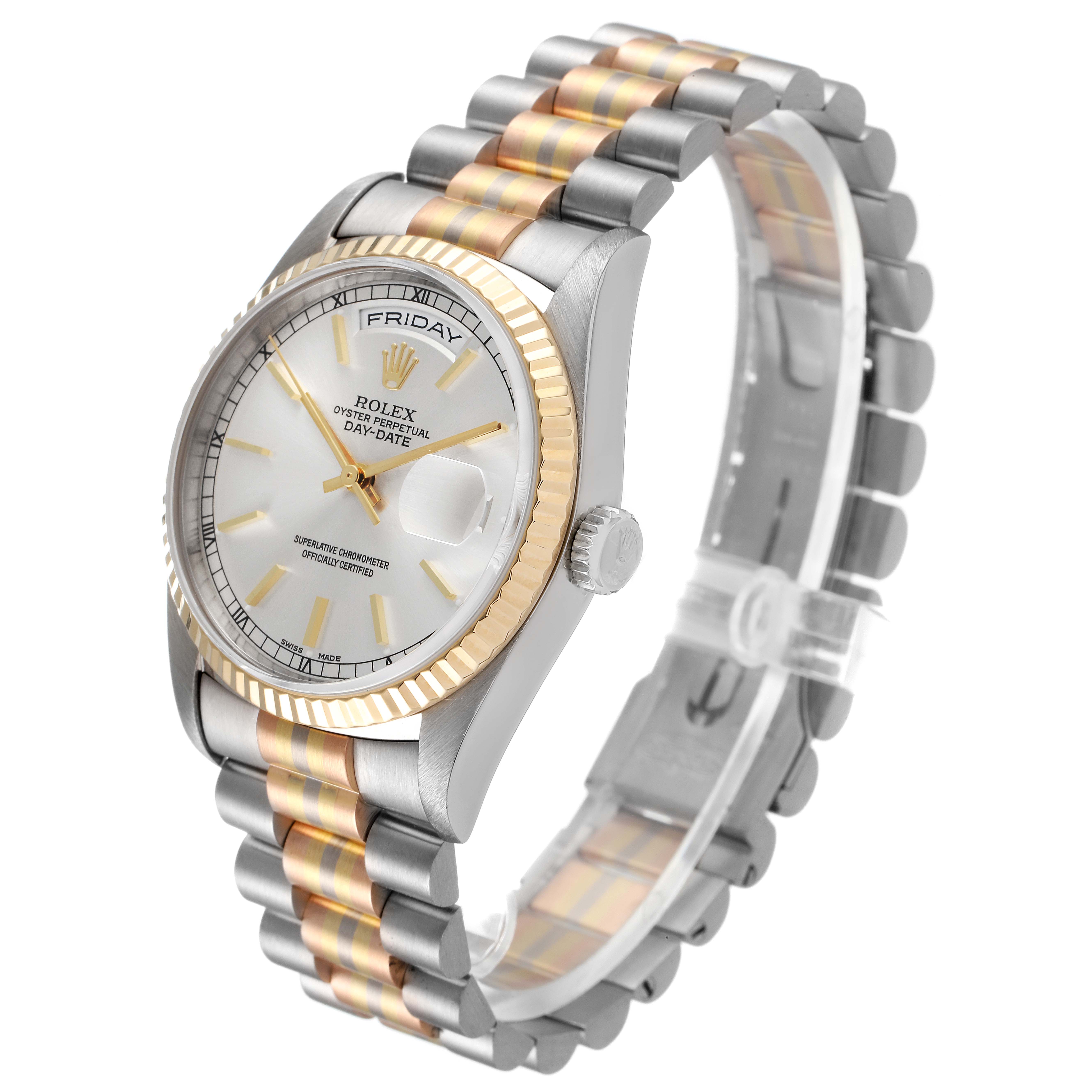 The image shows a Rolex President 18239 Men
s White Gold Silver Dial 18239 Men
s White Gold Silver Dial model watch at an angled side view, highlighting the dial, bezel, crown, and bracelet.