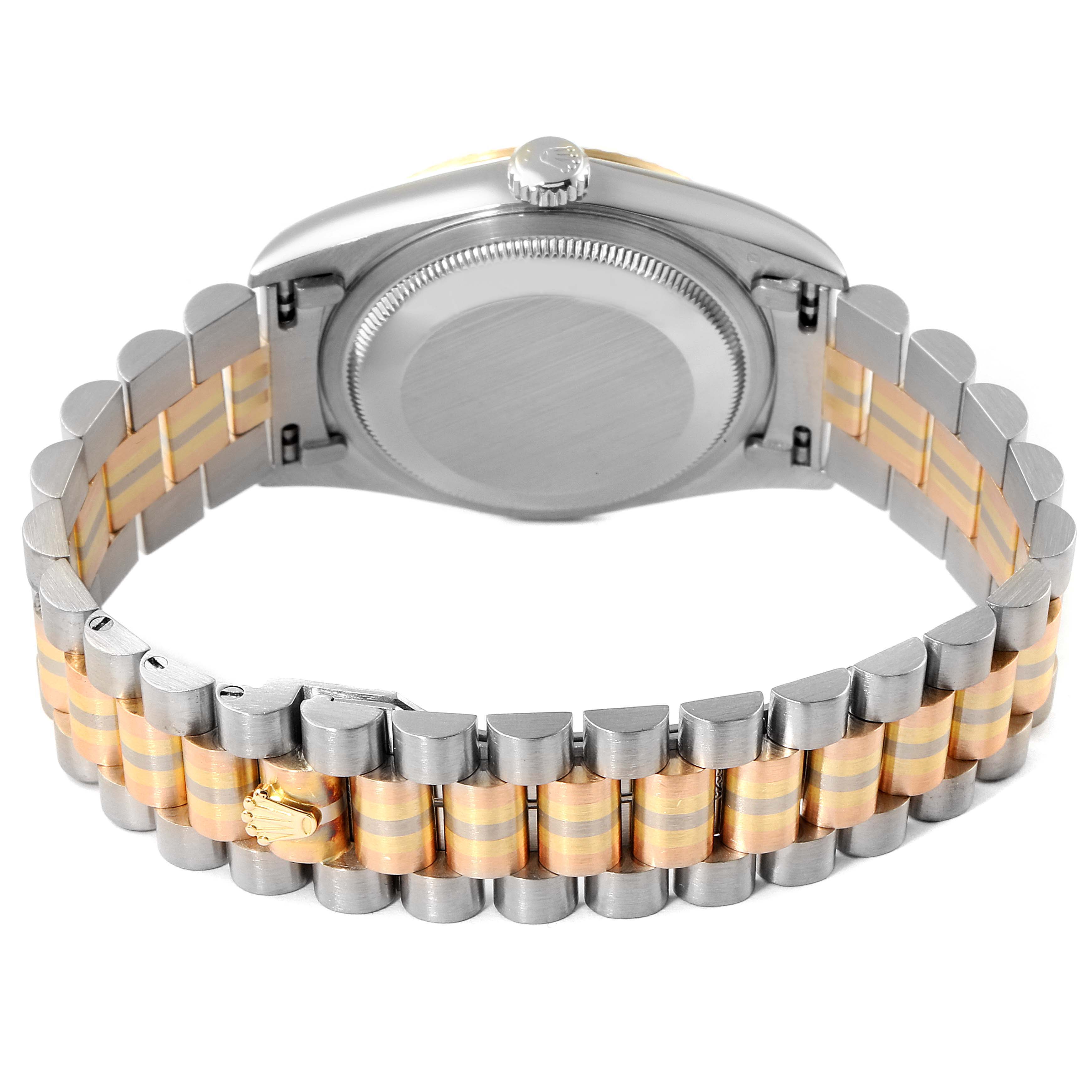 The image shows the back of the Rolex President 18239 Men
s White Gold Silver Dial 18239 Men
s White Gold Silver Dial model watch, focusing on the case back and two-tone bracelet.