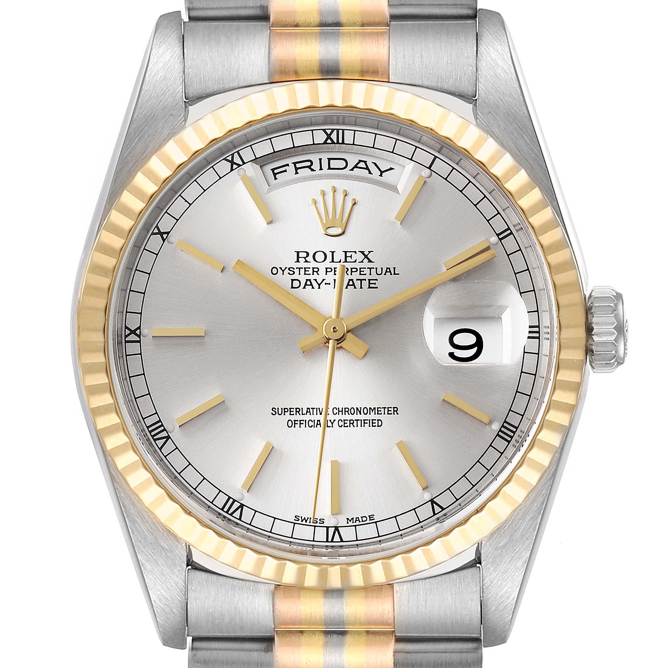 This image shows a Rolex President 18239 Men
s White Gold Silver Dial 18239 Men
s White Gold Silver Dial model watch from a front angle, highlighting its dial, bezel, and bracelet.