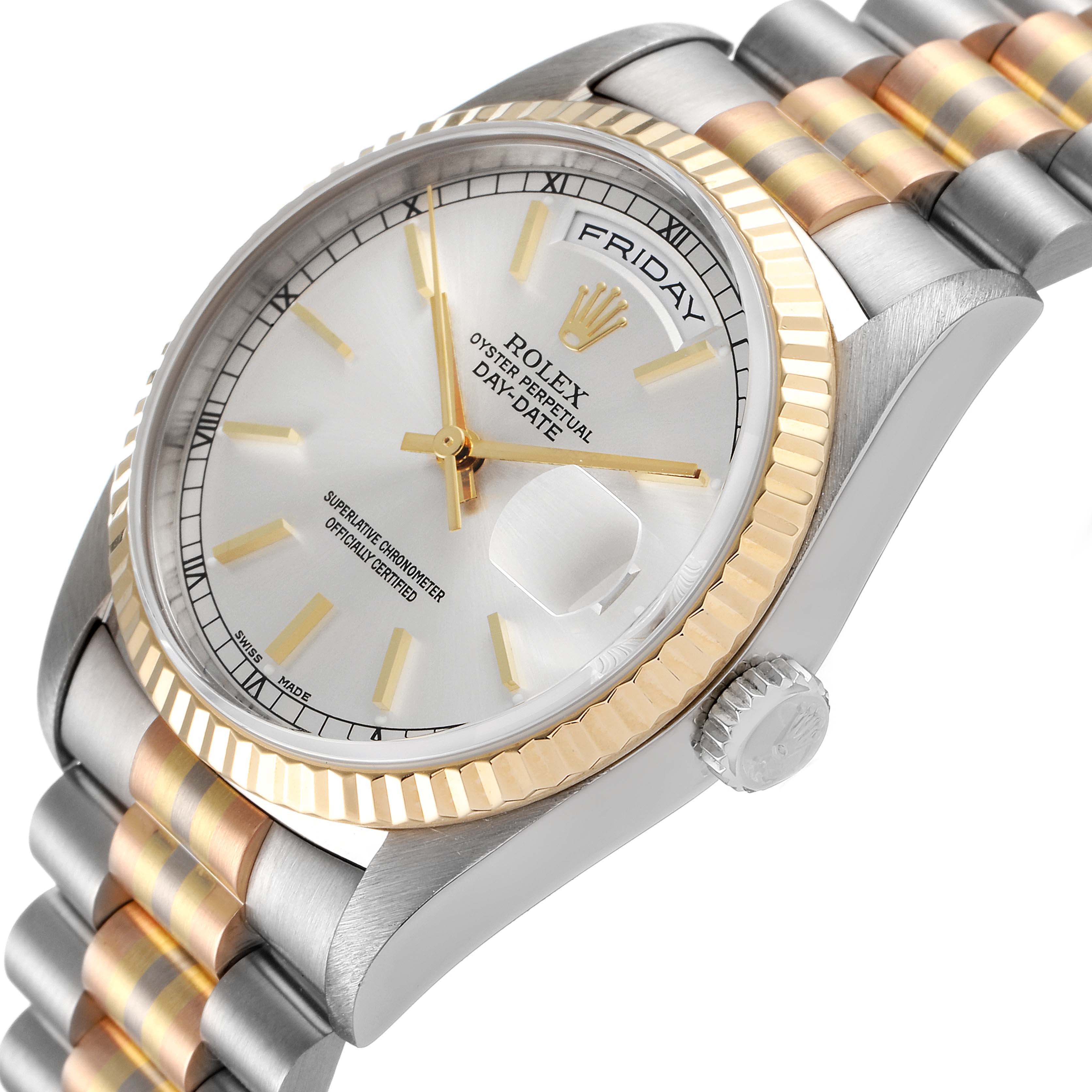 This image shows a Rolex President 18239 Men
s White Gold Silver Dial 18239 Men
s White Gold Silver Dial model watch at an angle highlighting the face, bezel, crown, and part of the bracelet.