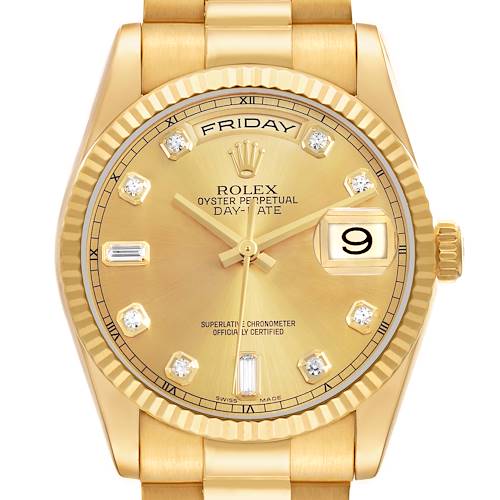 The Rolex President 118238 Men's Yellow Gold Champagne Dial model watch is shown from a top-down angle, displaying the face, crown, and part of the bracelet.