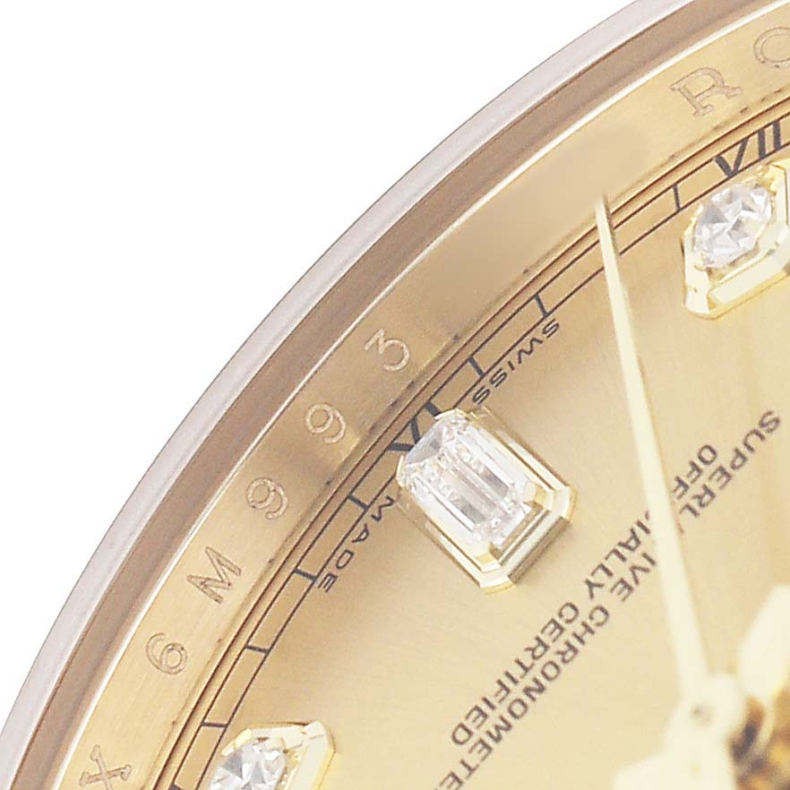 The image shows a close-up of the dial from the Rolex President 118238 Men's Yellow Gold Champagne Dial model, highlighting the diamond hour markers and text details.