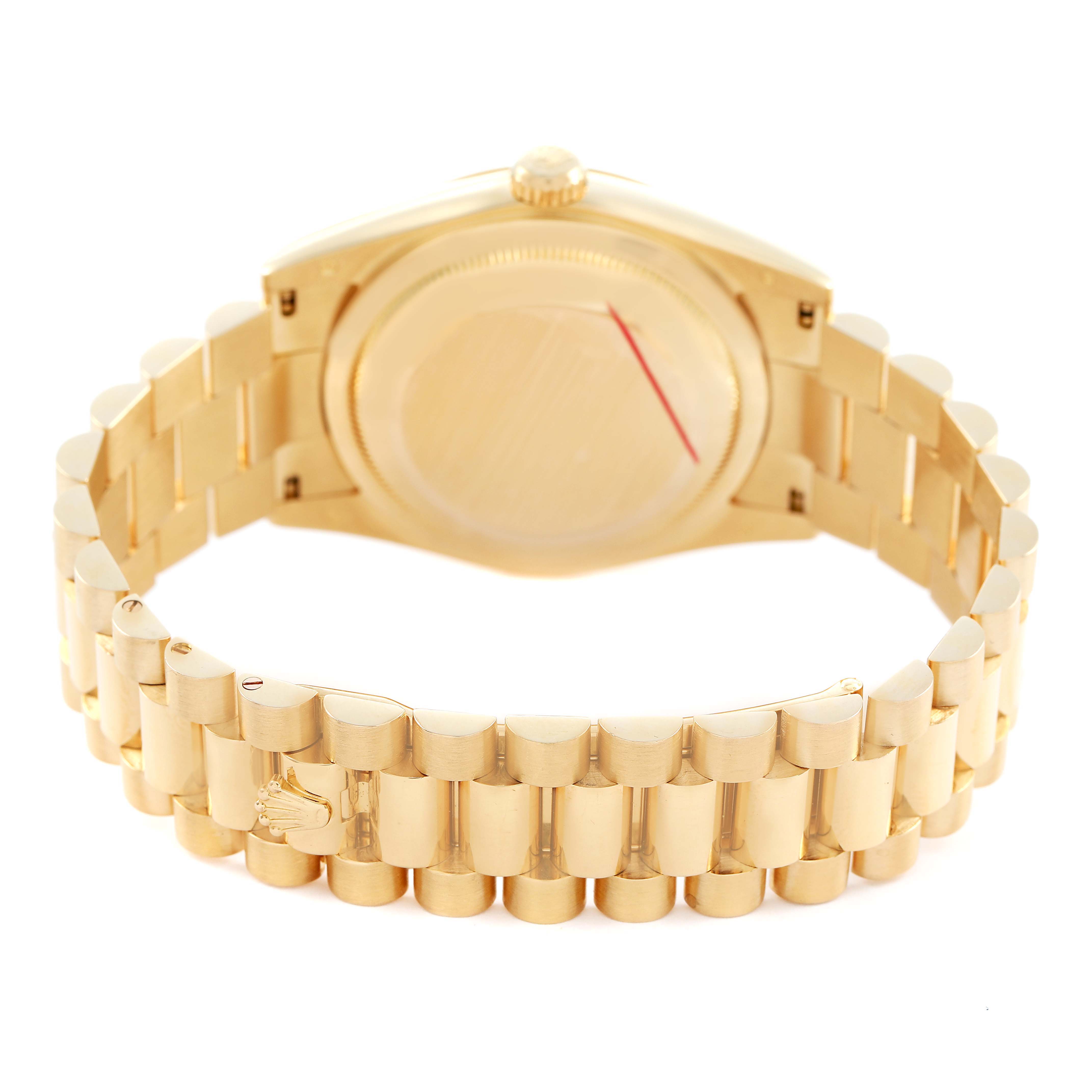 The image shows the back and bracelet of a Rolex President 118238 Men's Yellow Gold Champagne Dial model watch, highlighting its gold finish and clasp.