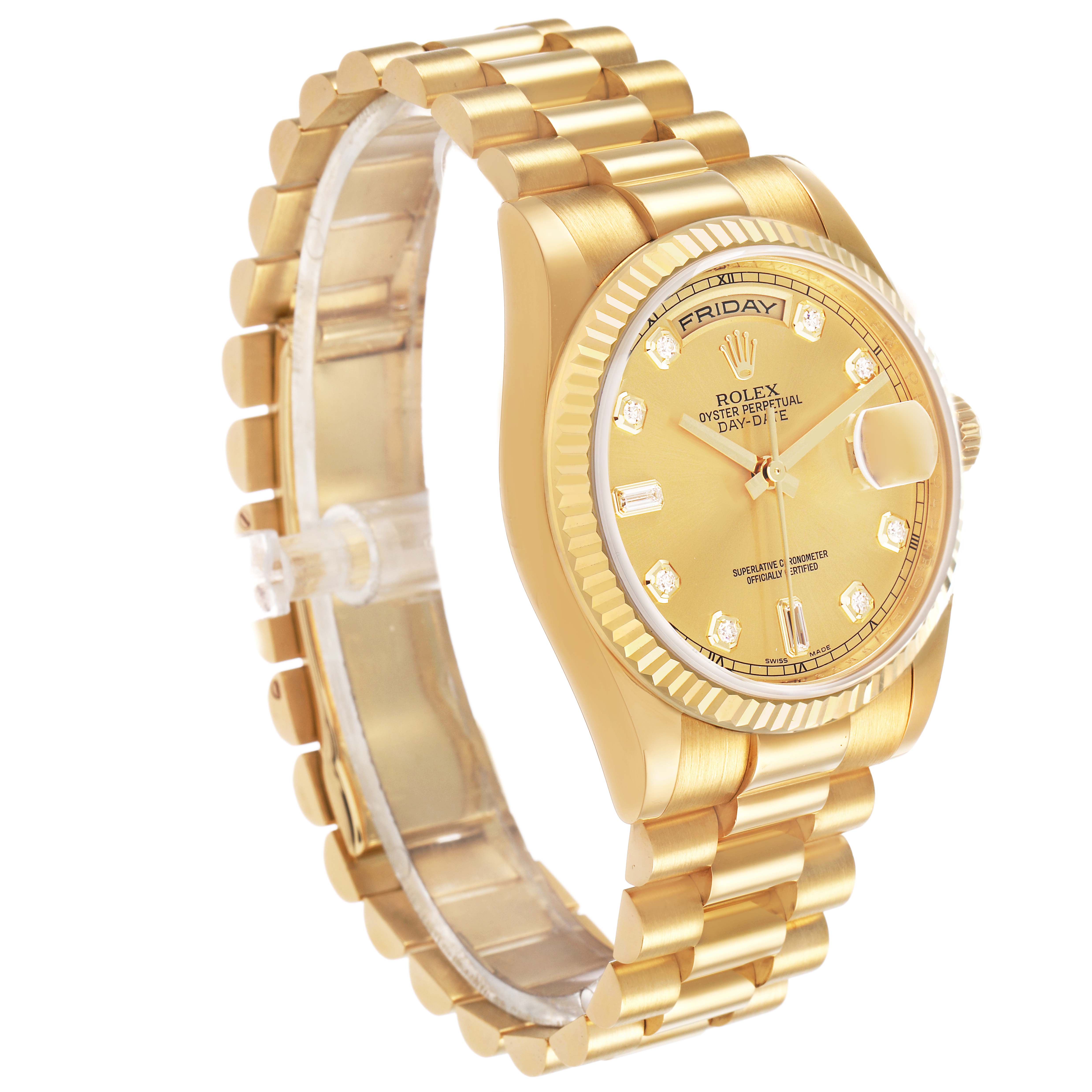 The Rolex President 118238 Men's Yellow Gold Champagne Dial model is shown at an angled side view, highlighting the gold dial, bezel, and bracelet.