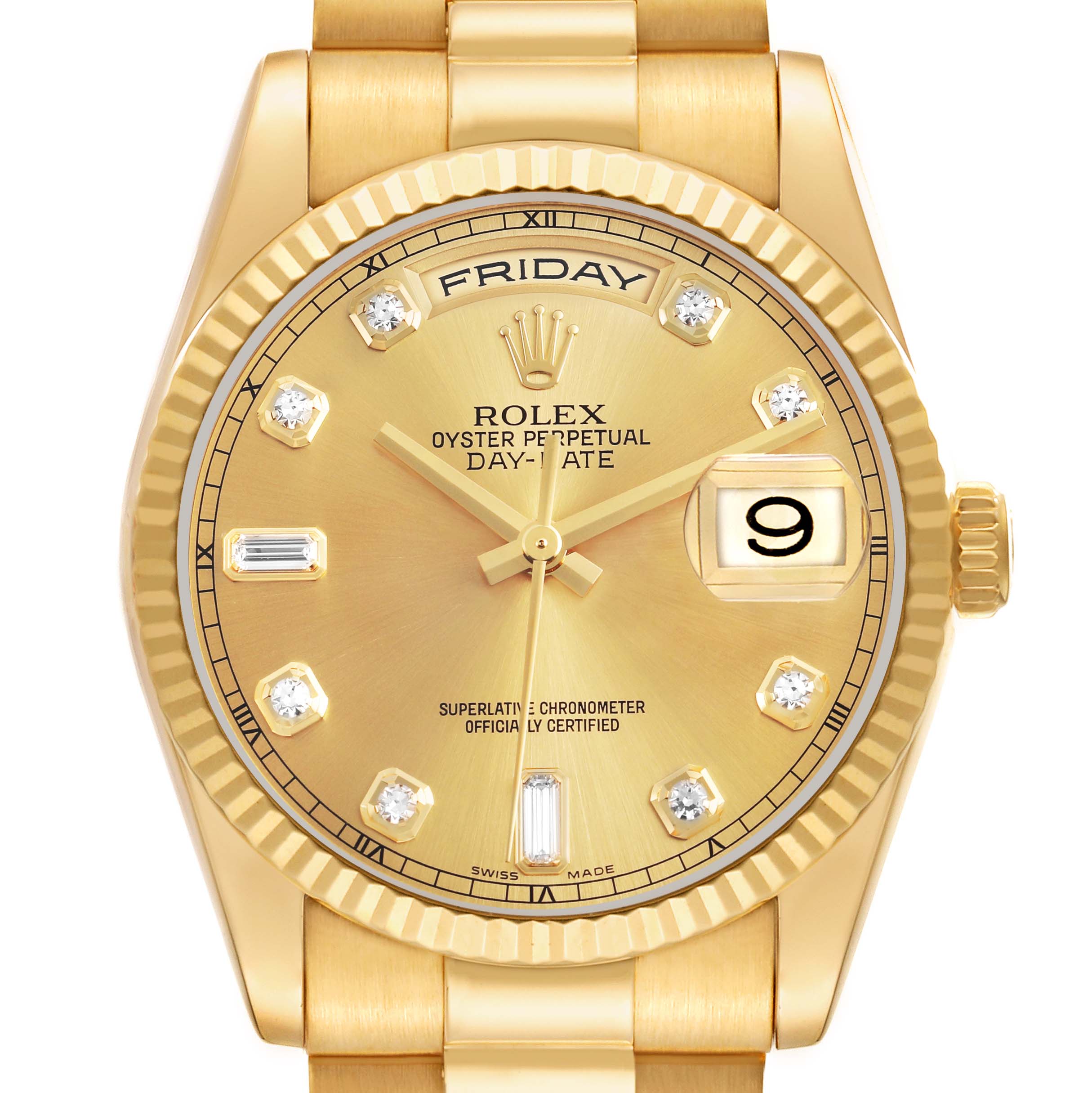 The watch is a Rolex President 118238 Men's Yellow Gold Champagne Dial model, shown from the front, highlighting the dial, bezel, and lugs.
