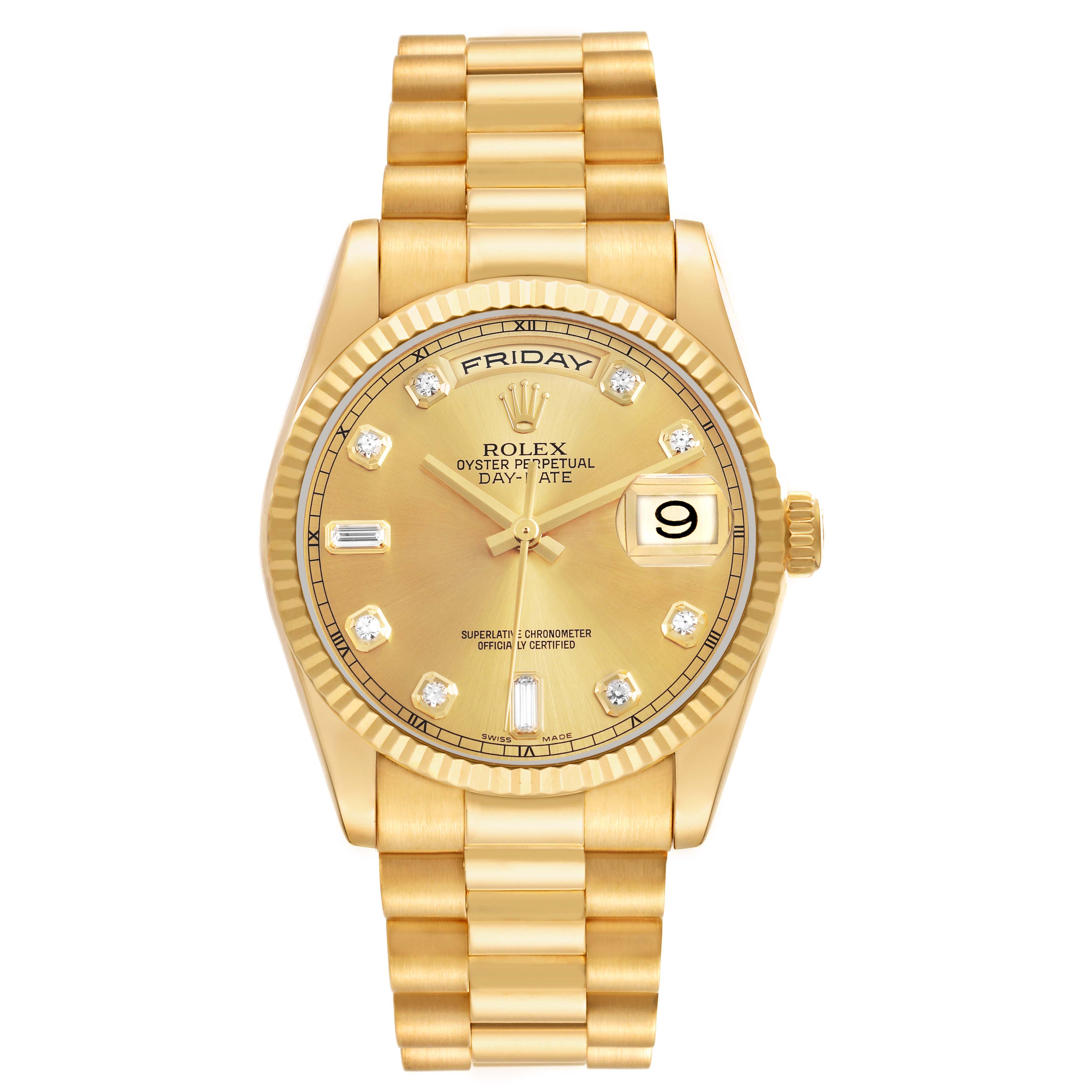 The Rolex President 118238 Men's Yellow Gold Champagne Dial watch model is shown from a front angle, displaying the dial, bracelet, bezel, and crown.