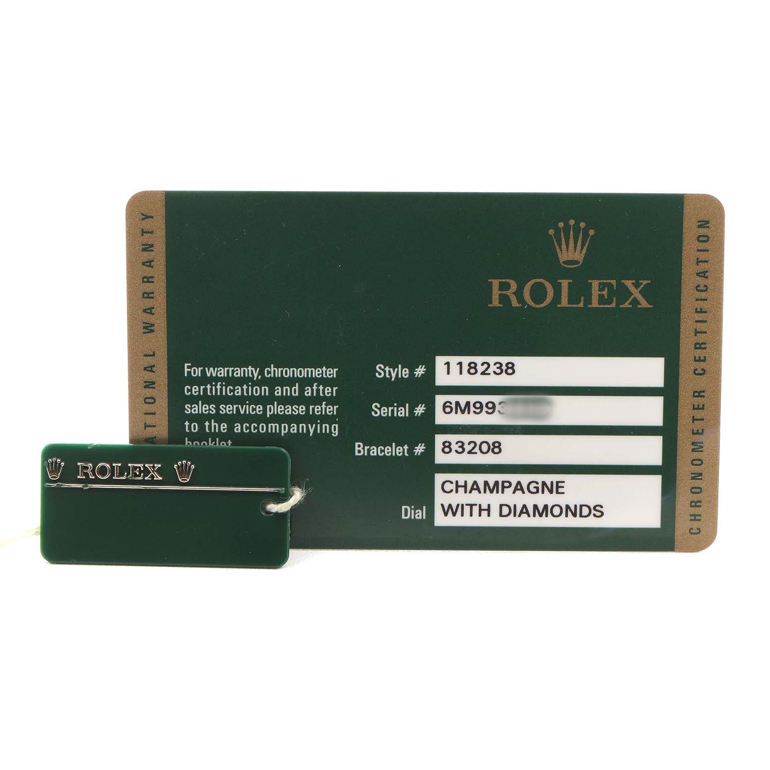 The image shows a warranty card and tag for the Rolex President 118238 Men's Yellow Gold Champagne Dial model, displaying style, serial, and bracelet numbers.
